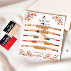 LeafBlu Premium Designer Pearl & Crystal Rakhi Set of 5 for Brother with Rakhi Agreement Card, Greeting Card & Roli Chawal | Handmade Raksha Bandhan Gift Pack