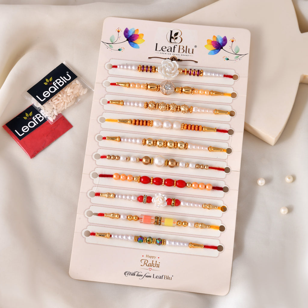 LeafBlu Premium Designer Rakhi Set of 10 for Brother with Rakhi Agreement Card, Greeting Card & Roli Chawal | Handmade Raksha Bandhan Gift Combo