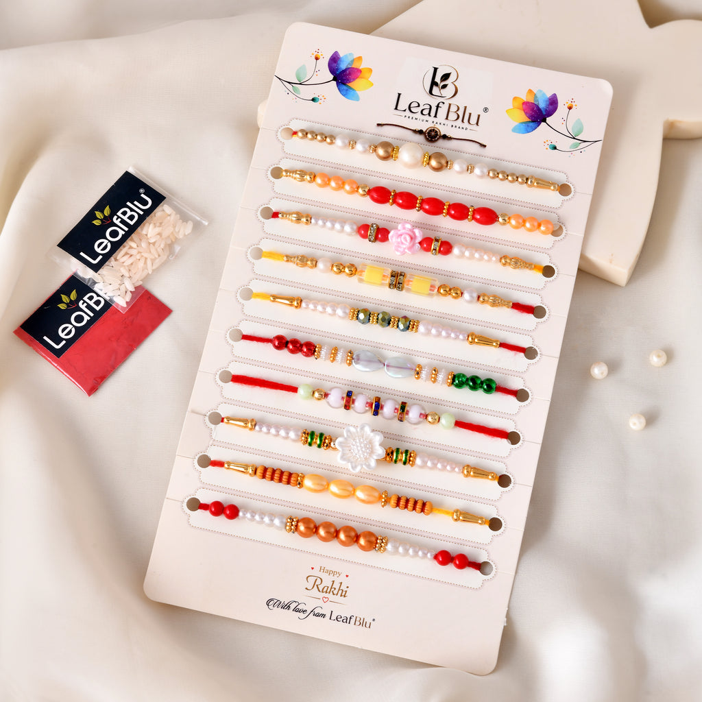 LeafBlu Premium Designer Rakhi Set of 10 for Brother with Rakhi Agreement Card, Greeting Card & Thali Roli Chawal | Handmade Pearl & Beaded Raksha Bandhan Gift Combo