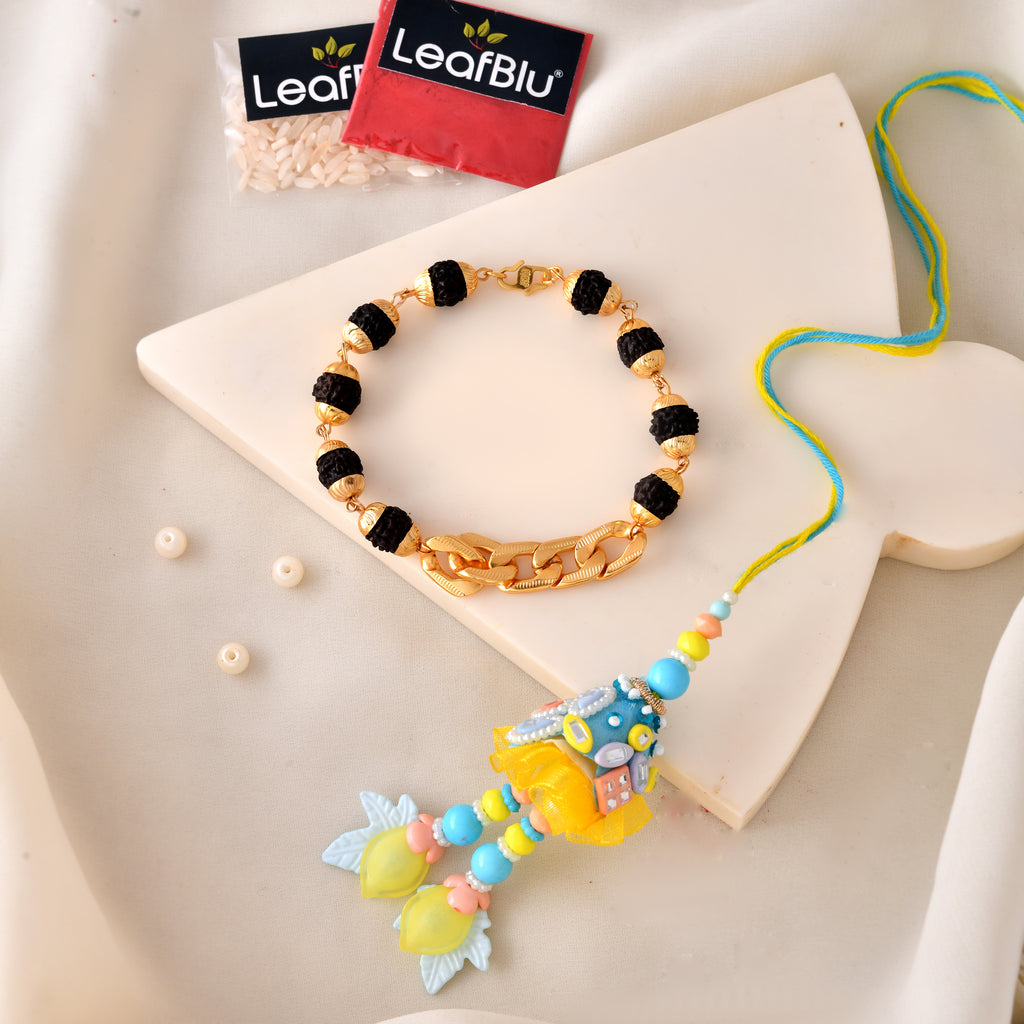 Designer Rudraksha Bracelet & Bhai Bhabhi Lumba Rakhi Set | Premium Rakhi Combo with Greeting Card & Rakhi Agreement Card