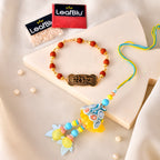 LeafBlu Premium Bhai Bhabhi Rakhi Lumba Set with Om Rudraksha Bracelet, Rakhi Agreement Card, Greeting Card & Roli Chawal | Handmade Raksha Bandhan Gift Combo