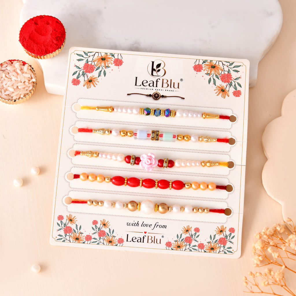 LeafBlu Designer Pearl Rakhi Set of 5 with Rakhi Agreement Card, Greeting Card & Roli Chawal | Raksha Bandhan Gift Combo