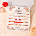 LeafBlu Designer Pearl Rakhi Set of 5 with Rakhi Agreement Card, Greeting Card & Roli Chawal | Raksha Bandhan Gift Combo