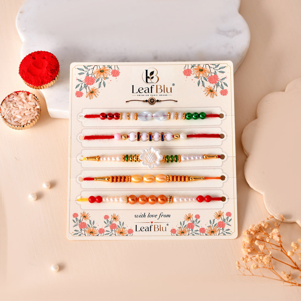 LeafBlu Premium Designer Rakhi Set of 5 for Brother with Rakhi Agreement Card, Greeting Card & Roli Chawal | Handmade Raksha Bandhan Gift Pack