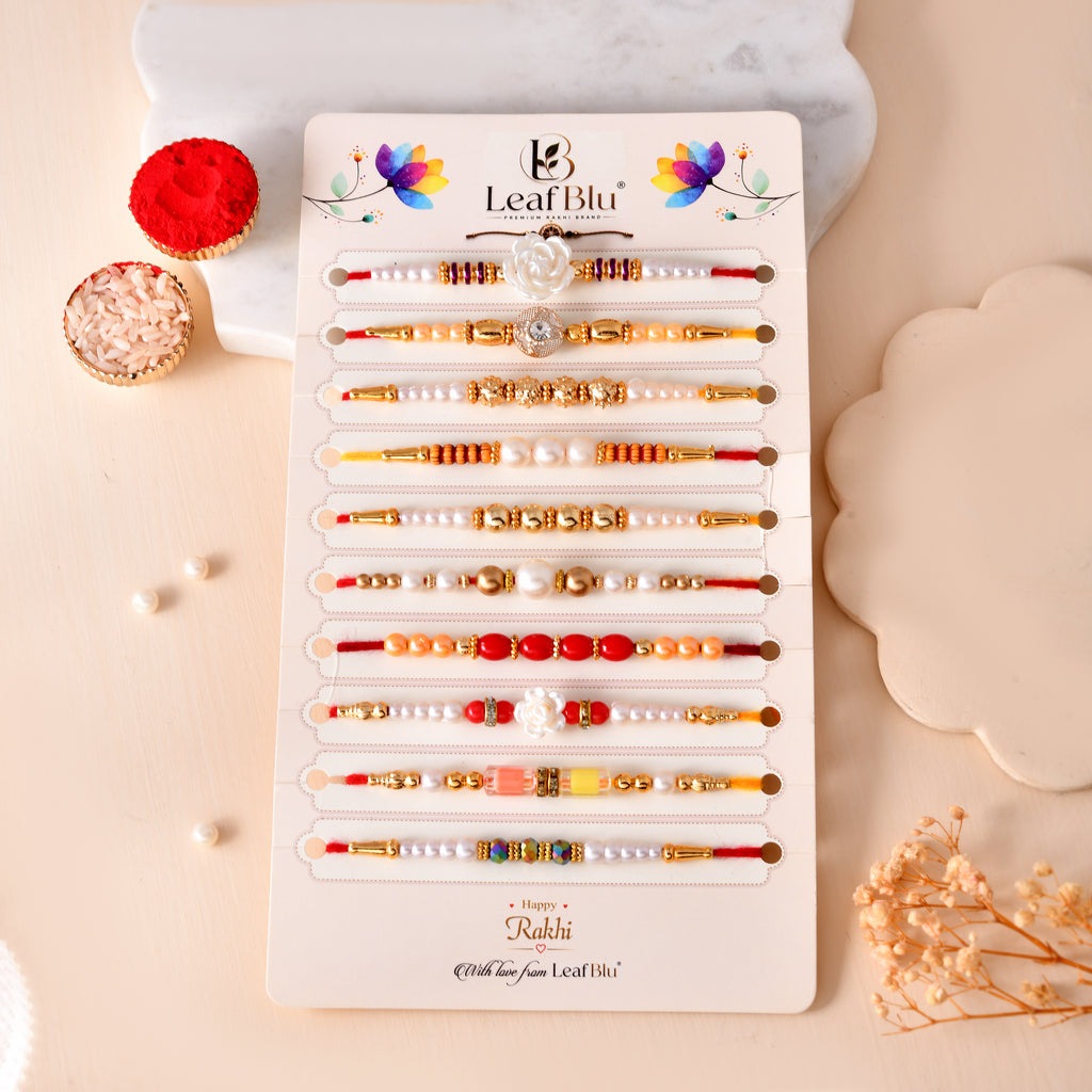 LeafBlu Premium Designer Rakhi Set of 10 for Brother with Rakhi Agreement Card, Greeting Card & Roli Chawal | Handmade Raksha Bandhan Gift Combo