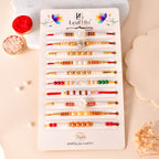 LeafBlu Premium Designer Rakhi Set of 10 for Brother with Rakhi Agreement Card, Greeting Card & Roli Chawal | Handmade Pearl & Floral Raksha Bandhan Gift Combo