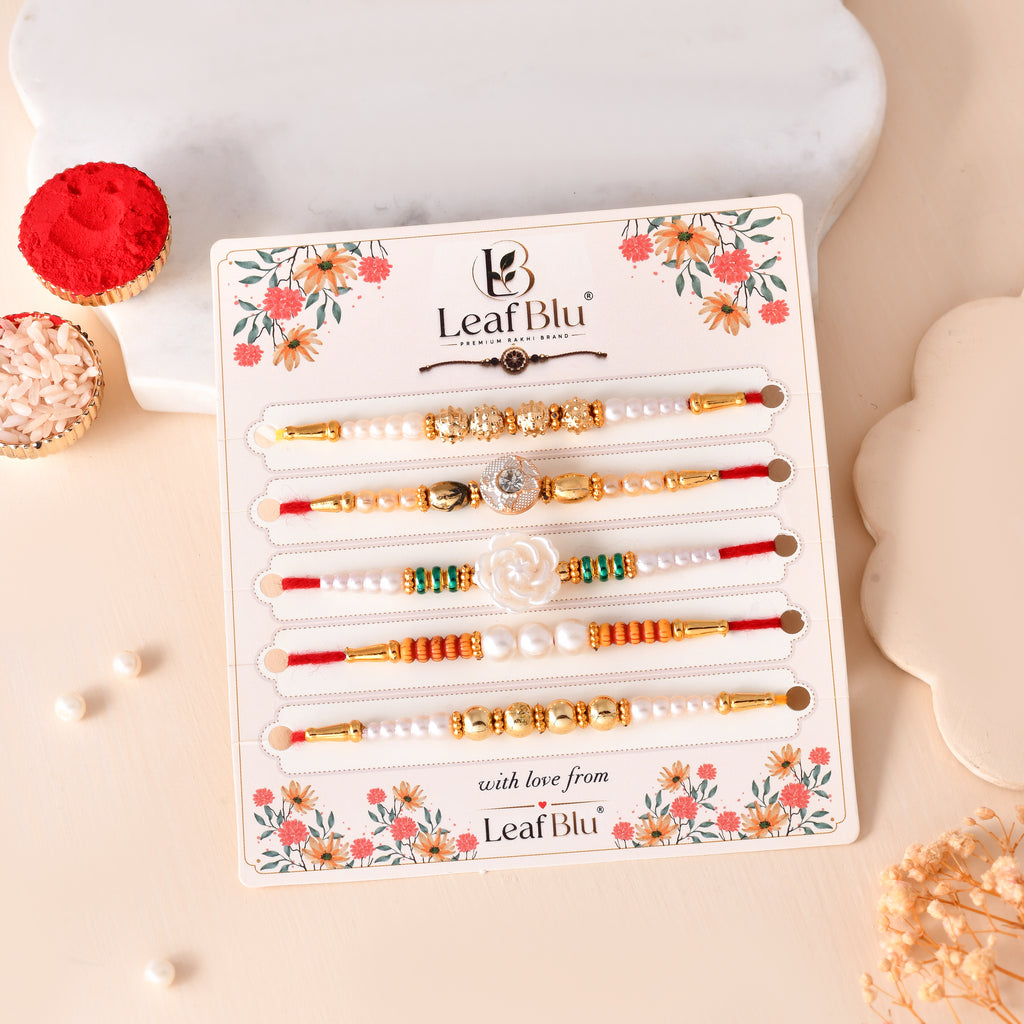 LeafBlu Premium Designer Pearl & Crystal Rakhi Set of 5 for Brother with Rakhi Agreement Card, Greeting Card & Roli Chawal | Handmade Raksha Bandhan Gift Pack