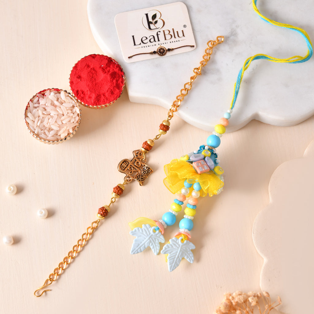 LeafBlu Premium Bhai Bhabhi Rakhi Lumba Set with Shree Ram Rudraksha Bracelet, Rakhi Agreement Card, Greeting Card & Roli Chawal | Handmade Raksha Bandhan Gift Combo