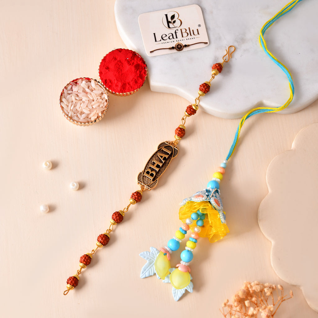 LeafBlu Premium Bhai Bhabhi Rakhi Lumba Set with Bhai Name Rudraksha Bracelet, Rakhi Agreement Card, Greeting Card & Roli Chawal | Handmade Raksha Bandhan Gift Combo