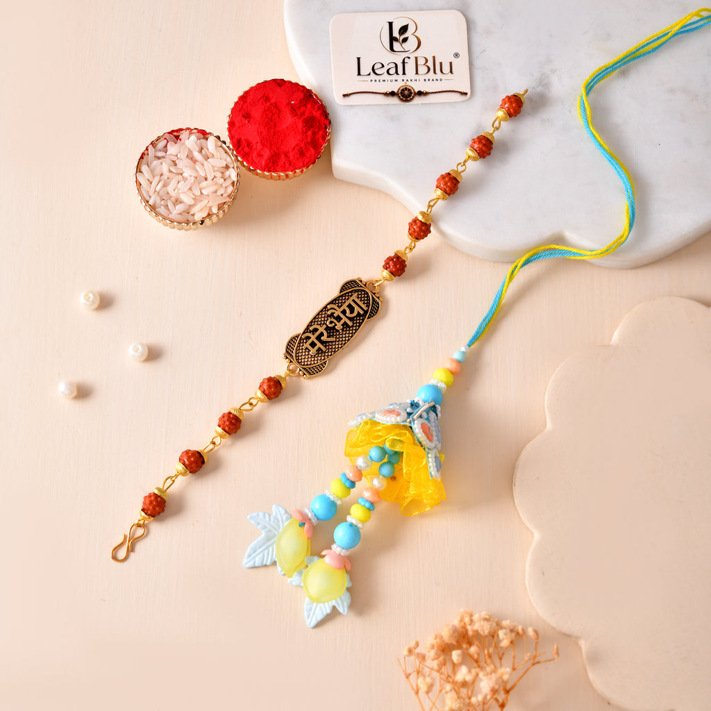 LeafBlu Premium Bhai Bhabhi Rakhi Lumba Set with Om Rudraksha Bracelet, Rakhi Agreement Card, Greeting Card & Roli Chawal | Handmade Raksha Bandhan Gift Combo