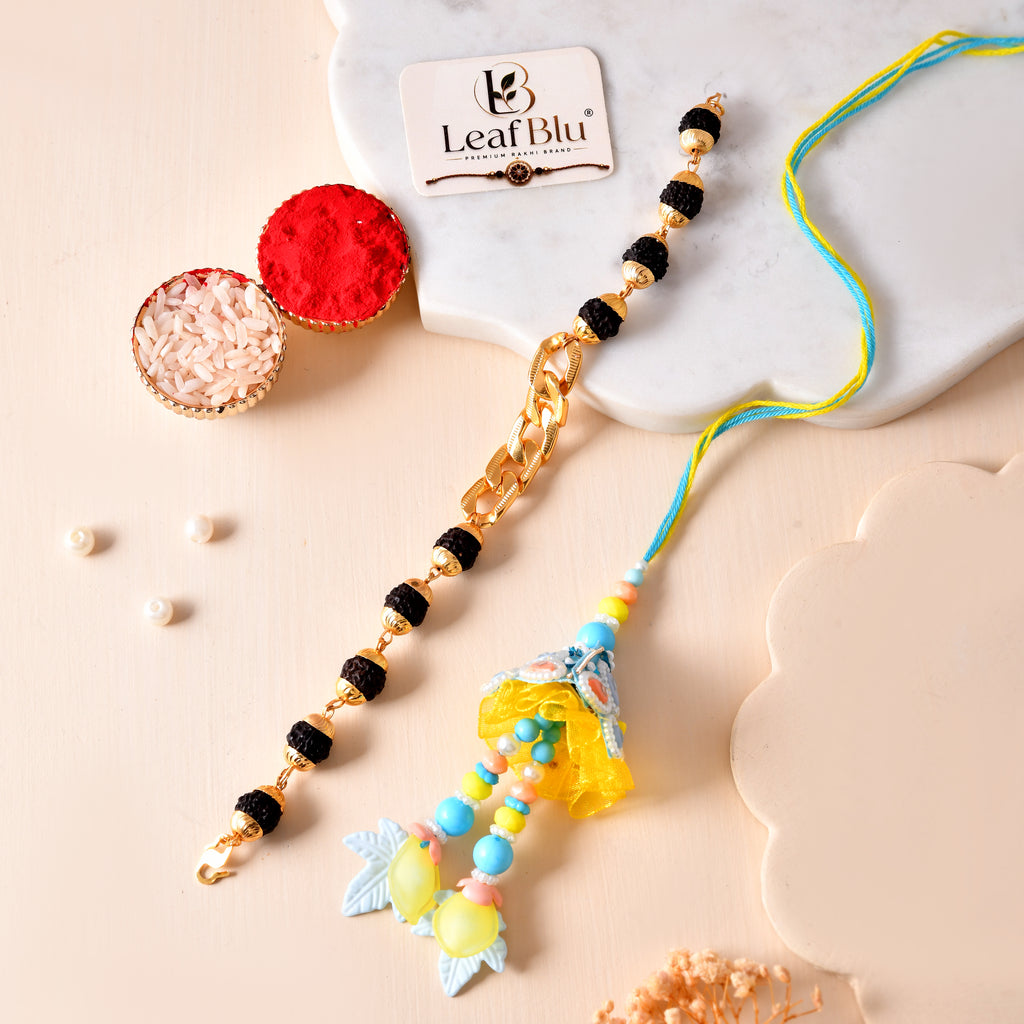 Designer Rudraksha Bracelet & Bhai Bhabhi Lumba Rakhi Set | Premium Rakhi Combo with Greeting Card & Rakhi Agreement Card