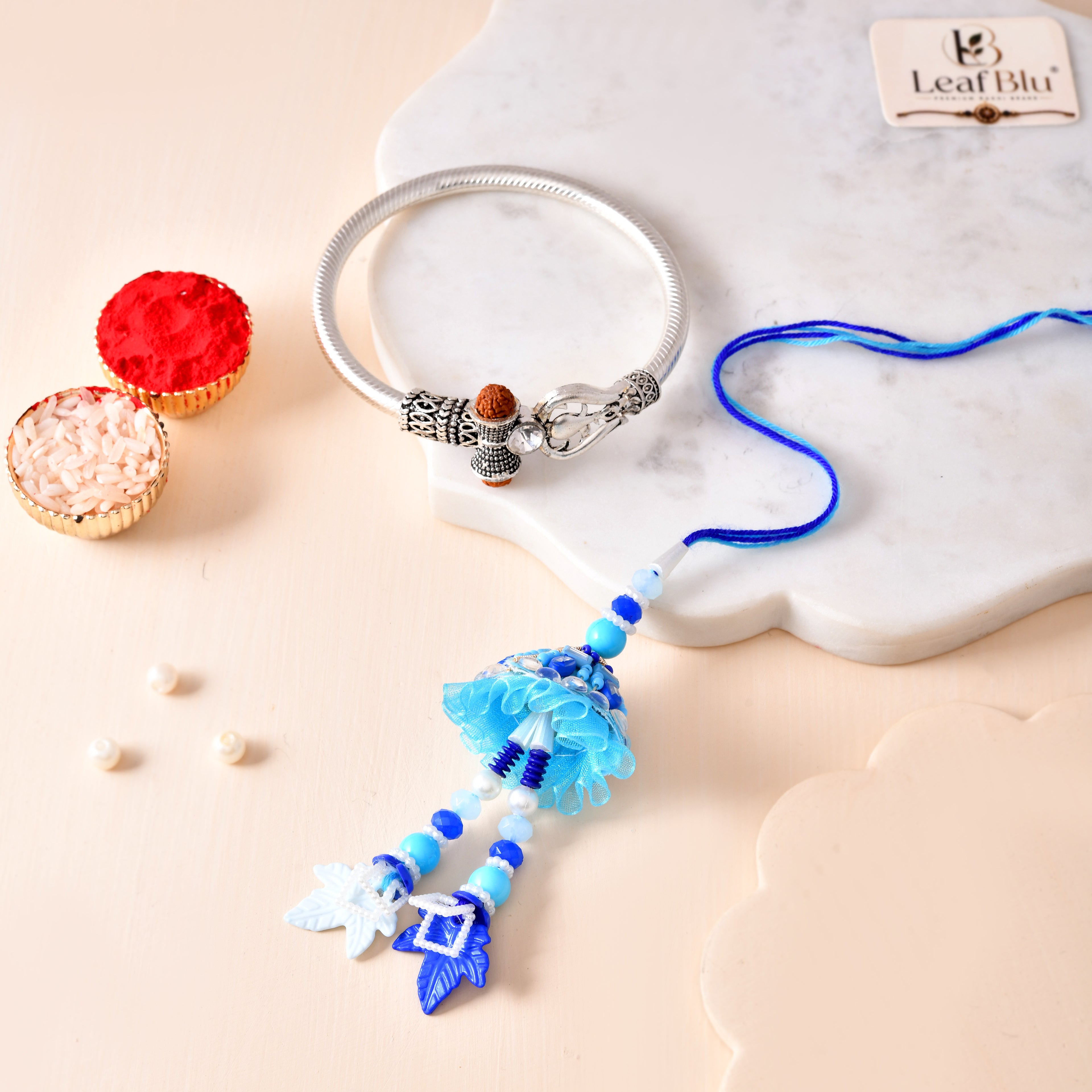 Designer Silver Kada & Bhai Bhabhi Lumba Rakhi Set | Premium Rakhi Combo with Greeting Card & Rakhi Agreement Card