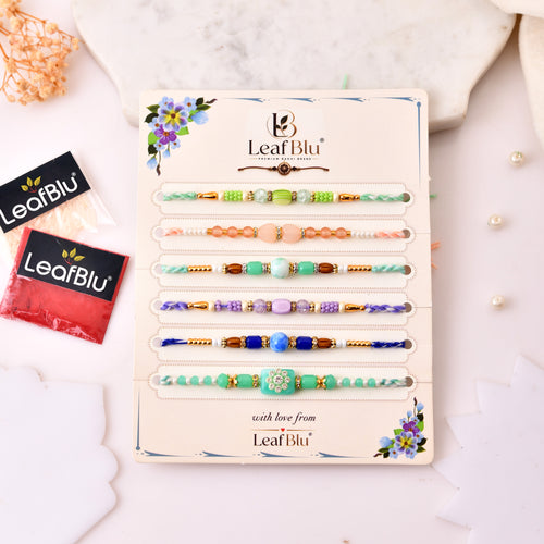 LeafBlu Elegant Brother Rakhi Set of 6 | Premium Handmade Beaded Rakhi with Greeting Card