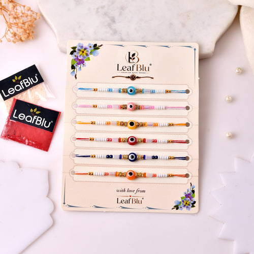 LeafBlu Designer Evil Eye Rakhi Set of 6 | Handmade Rakhi with Rakhi Agreement, Greeting Card & Tilak Kit