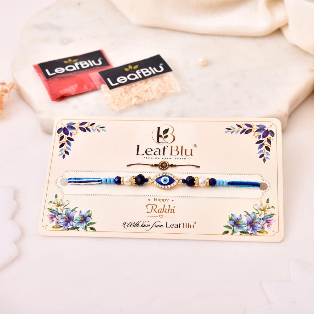 LeafBlu Premium Evil Eye Rakhi for Brother with Rakhi Agreement Card, Greeting Card & Roli Chawal