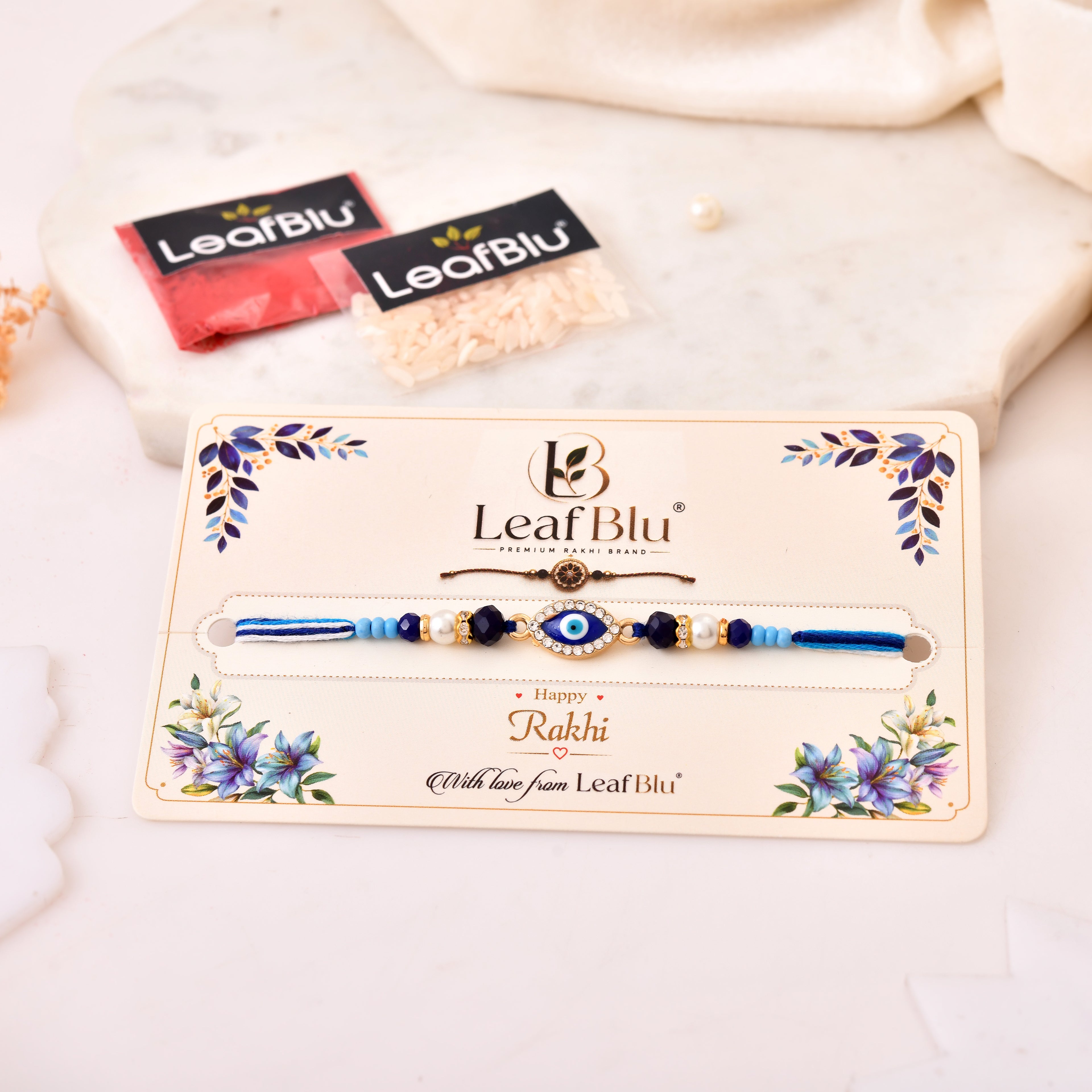 LeafBlu Premium Evil Eye Rakhi for Brother with Rakhi Agreement Card, Greeting Card & Roli Chawal