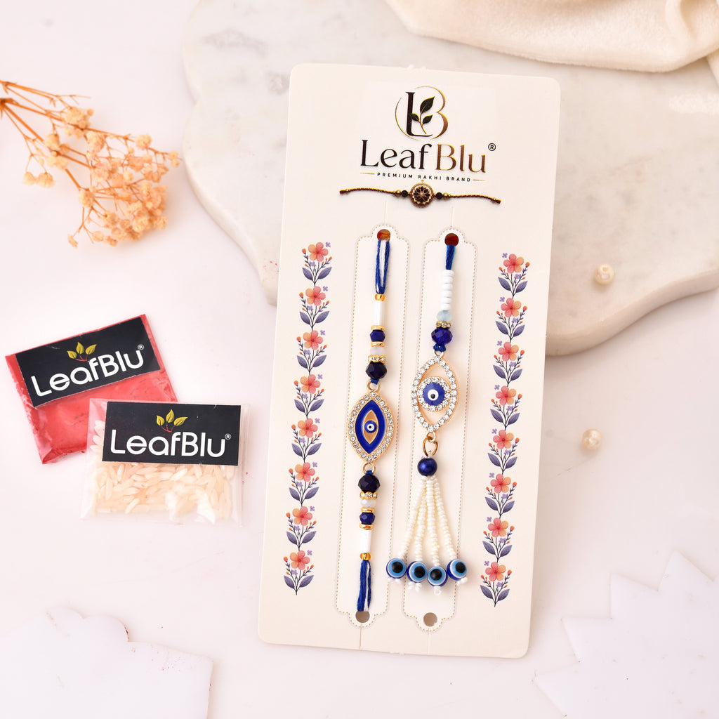 Premium Blue Evil Eye Bhai Bhabhi Rakhi Set | Handmade Designer Rakhi with Greeting Card & Rakhi Agreement