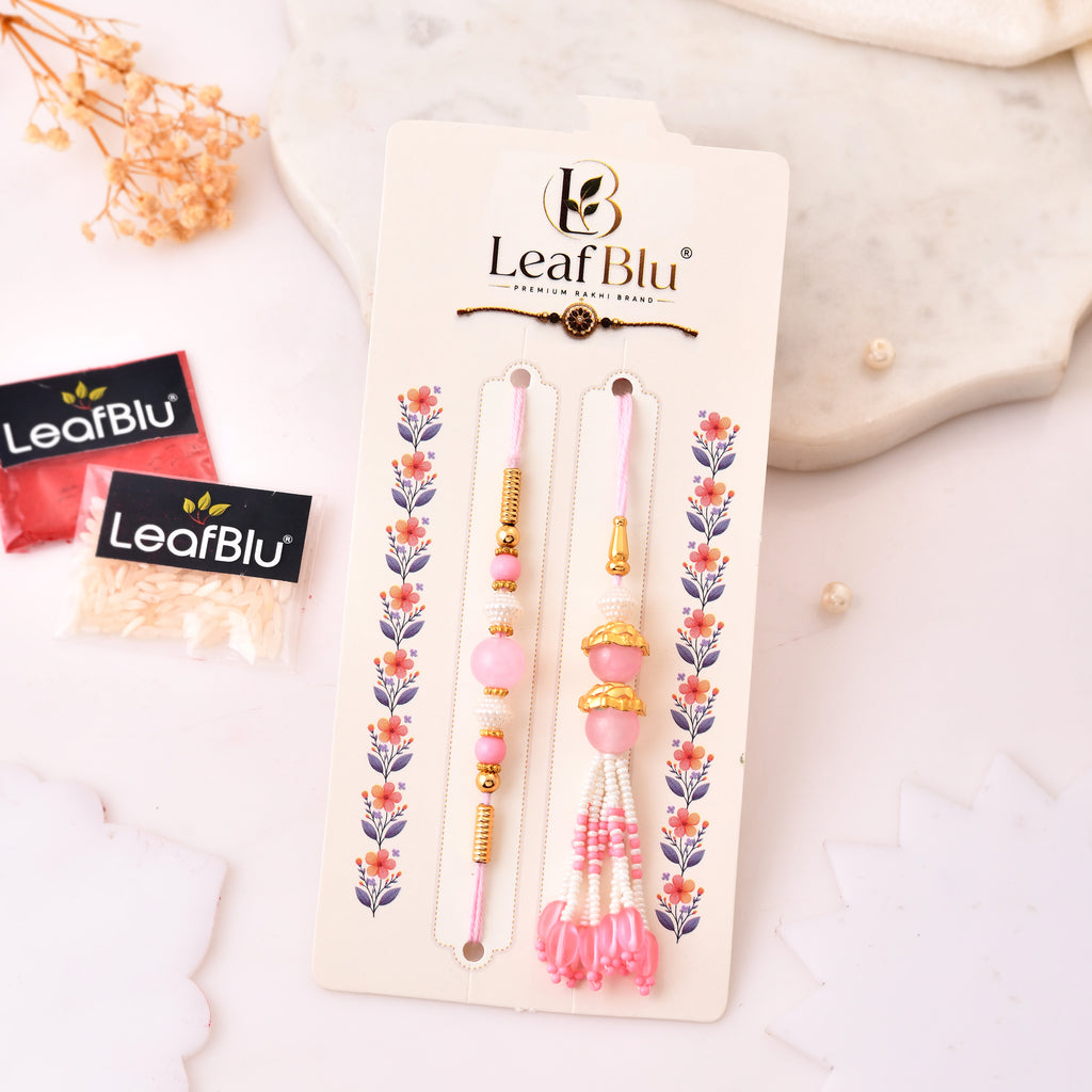 LeafBlu Premium Bhai Bhabhi Rakhi Set with Rakhi Agreement Card, Greeting Card & Roli Chawal | Designer Pink Rakhi Combo