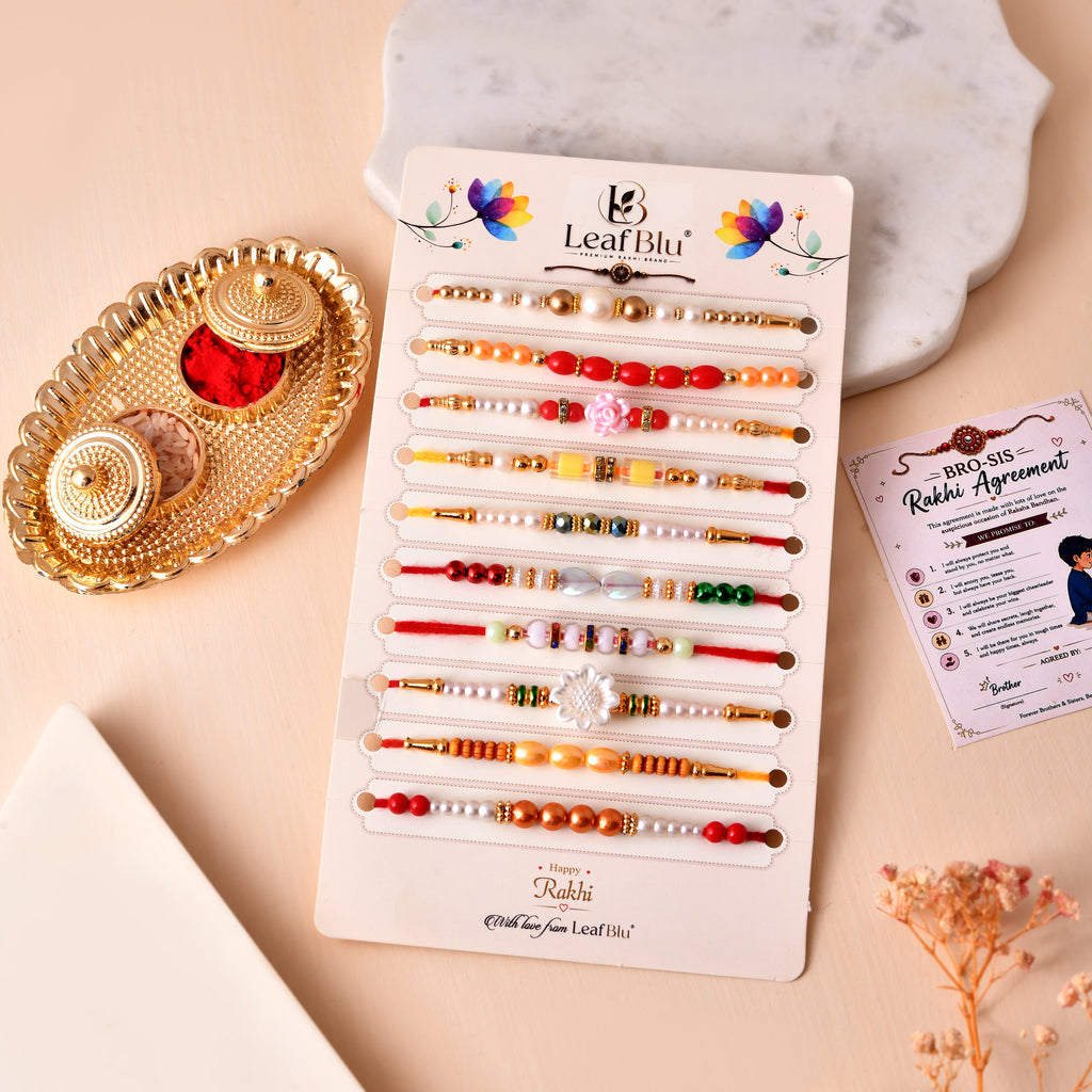 LeafBlu Premium Designer Rakhi Set of 10 with Rakhi Agreement Card, Greeting Card & Roli Chawal | Handmade Rakhi Combo