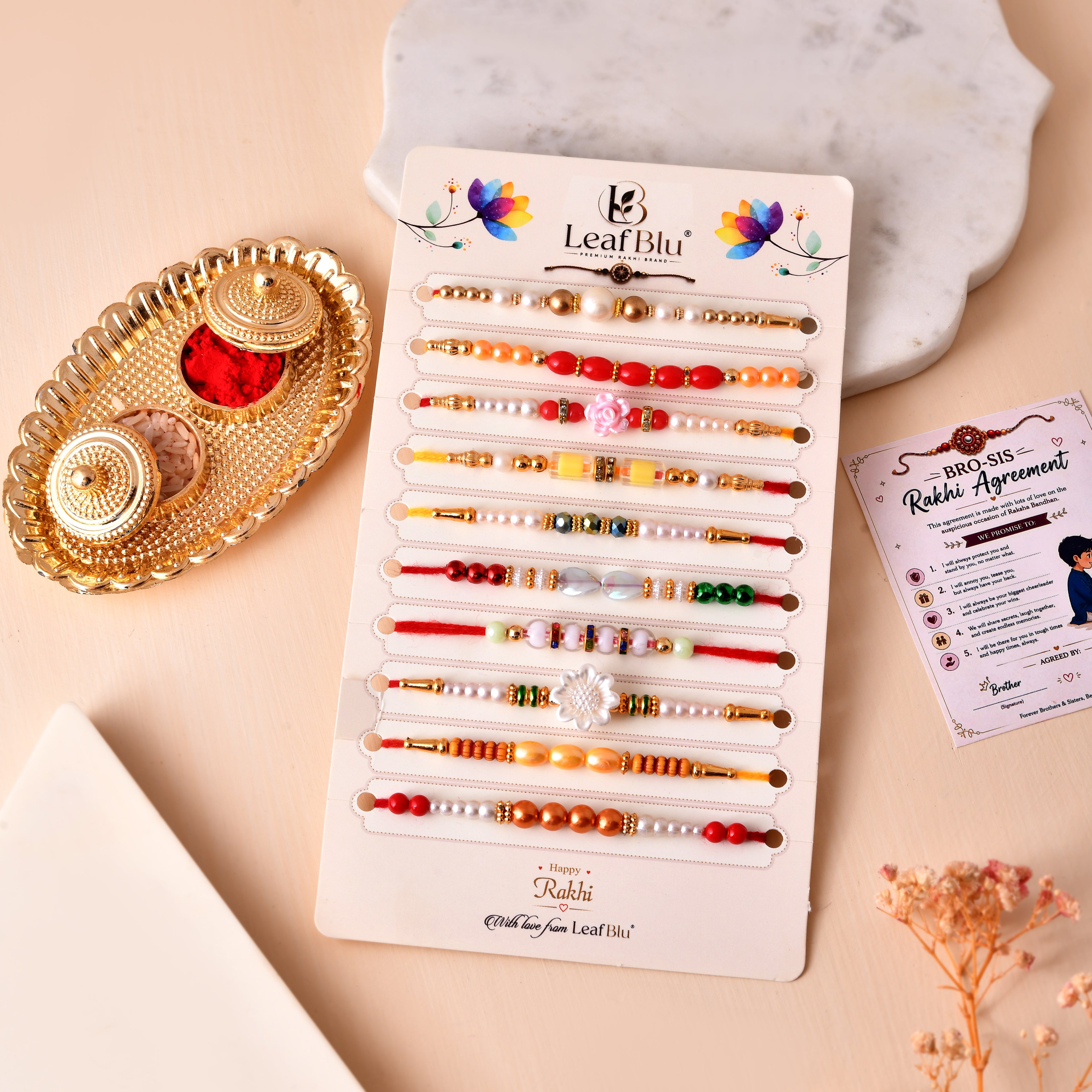 LeafBlu Premium Designer Rakhi Set of 10 with Rakhi Agreement Card, Greeting Card & Roli Chawal | Handmade Rakhi Combo