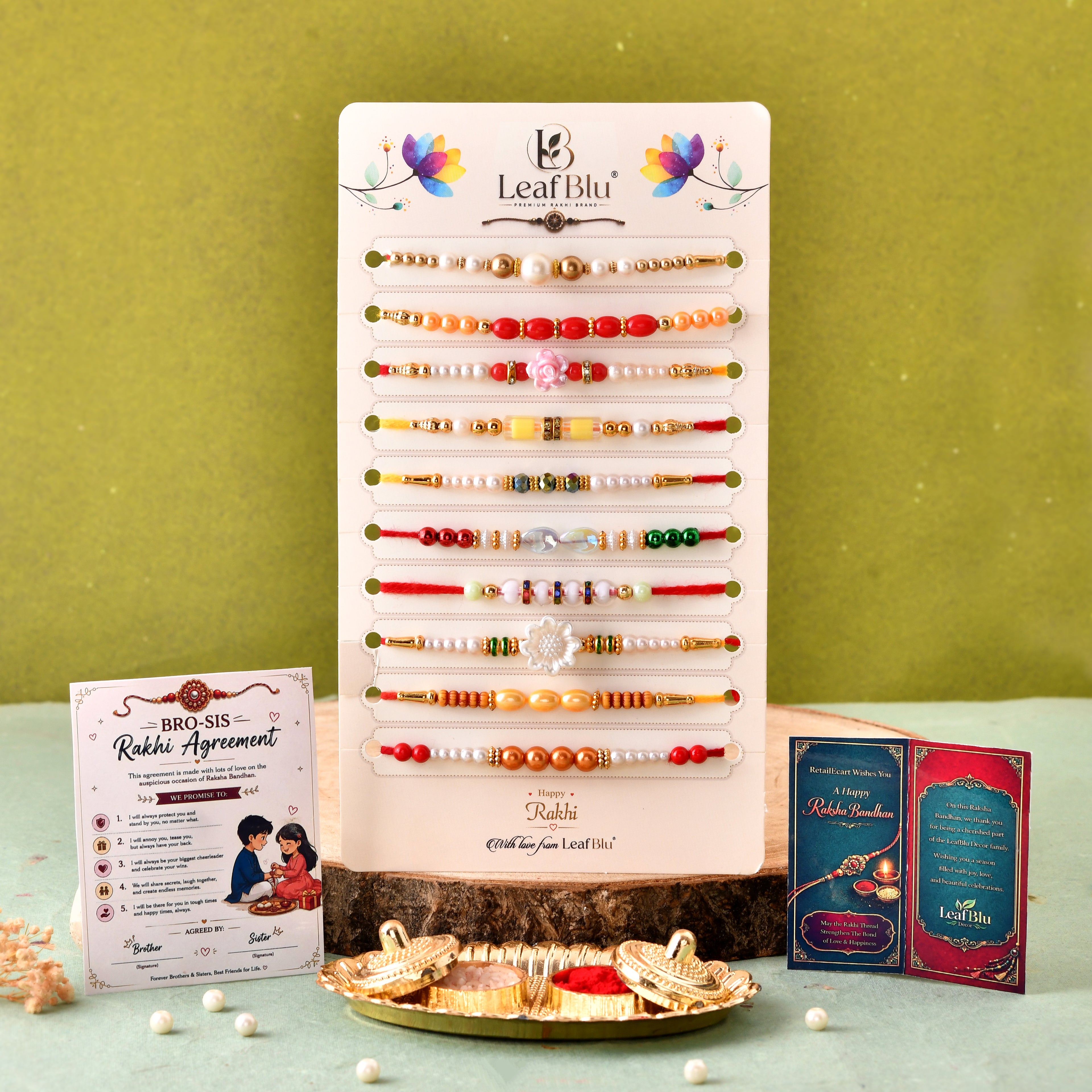 LeafBlu Premium Designer Rakhi Set of 10 with Rakhi Agreement Card, Greeting Card & Roli Chawal | Handmade Rakhi Combo