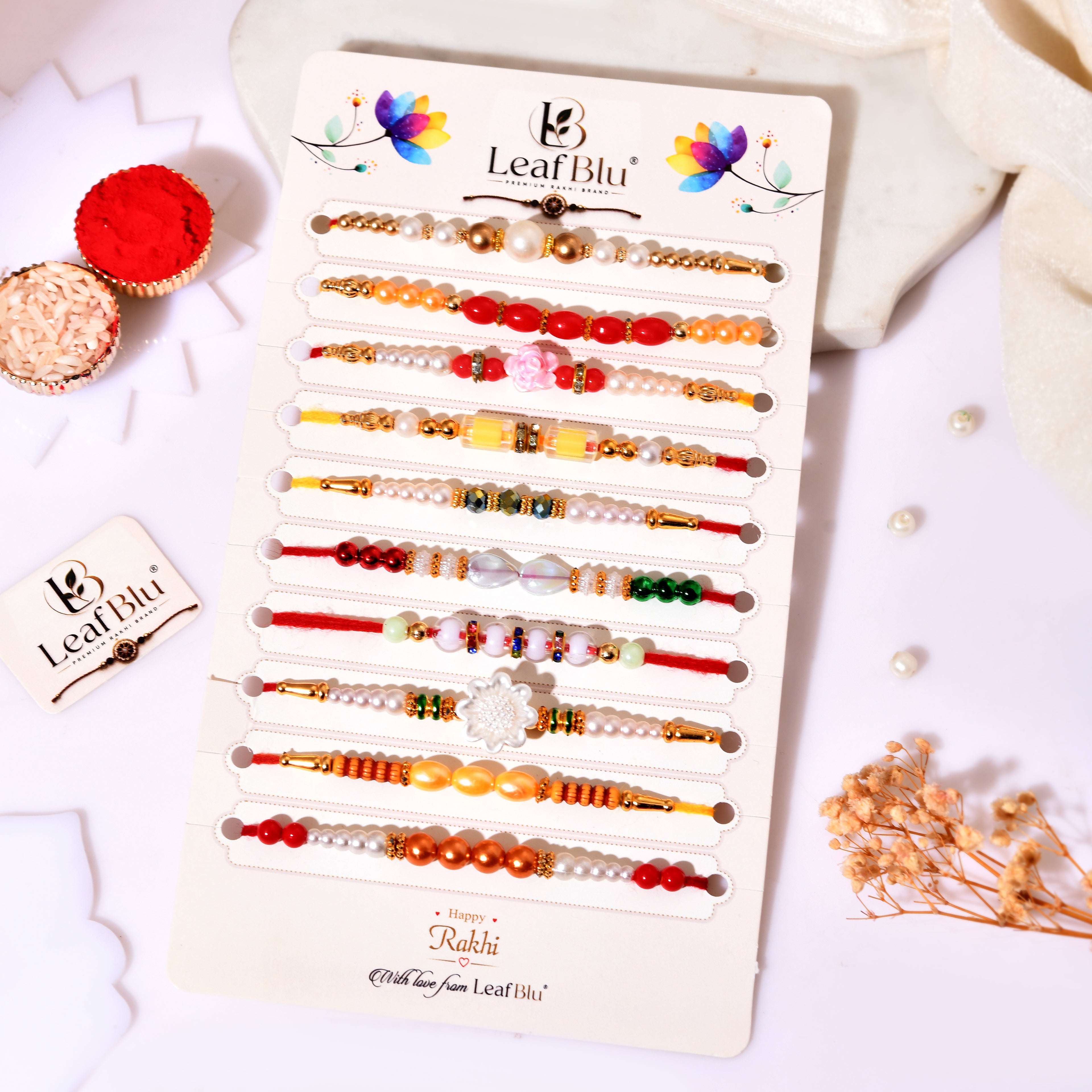 LeafBlu Premium Designer Rakhi Set of 10 with Rakhi Agreement Card, Greeting Card & Roli Chawal | Handmade Rakhi Combo