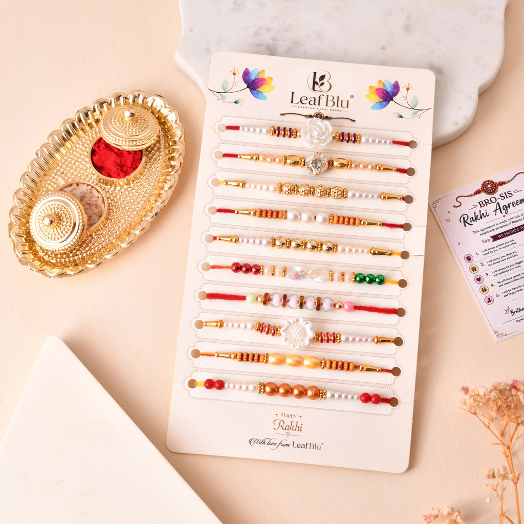 LeafBlu Designer Rakhi Gift Set for Brothers | Pack of 10 with Rakhi Agreement & Greeting Card