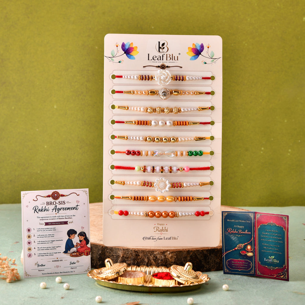 LeafBlu Designer Rakhi Gift Set for Brothers | Pack of 10 with Rakhi Agreement & Greeting Card