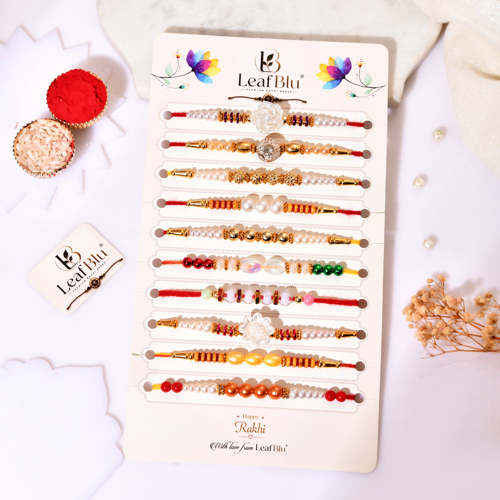 LeafBlu Designer Rakhi Gift Set for Brothers | Pack of 10 with Rakhi Agreement & Greeting Card