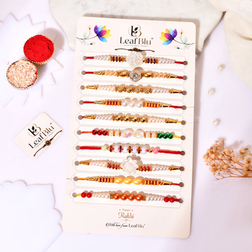 LeafBlu Designer Rakhi Gift Set for Brothers | Pack of 10 with Rakhi Agreement & Greeting Card