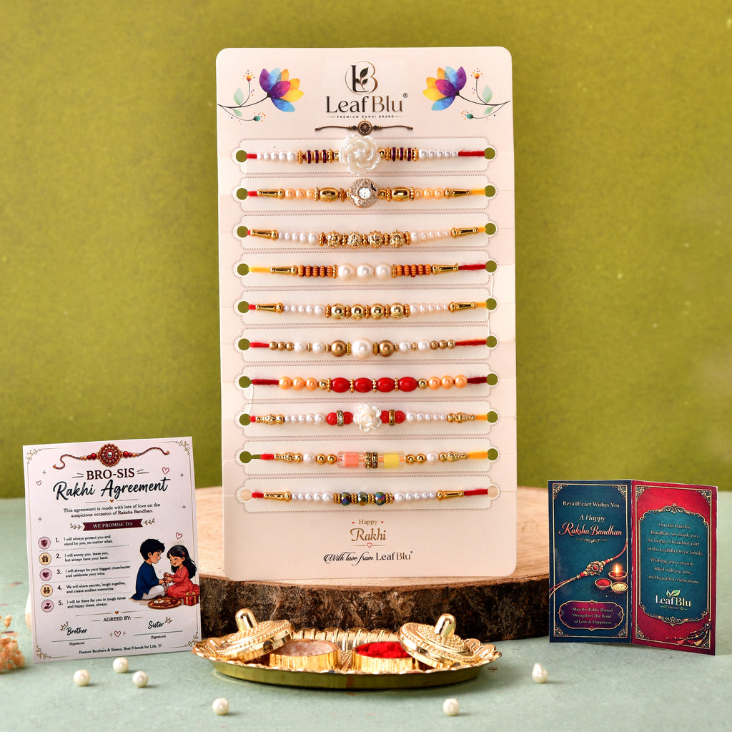 LeafBlu Traditional Designer Rakhi Combo Pack of 10 | Rakhi Agreement Card & Thali  Roli Chawal Included