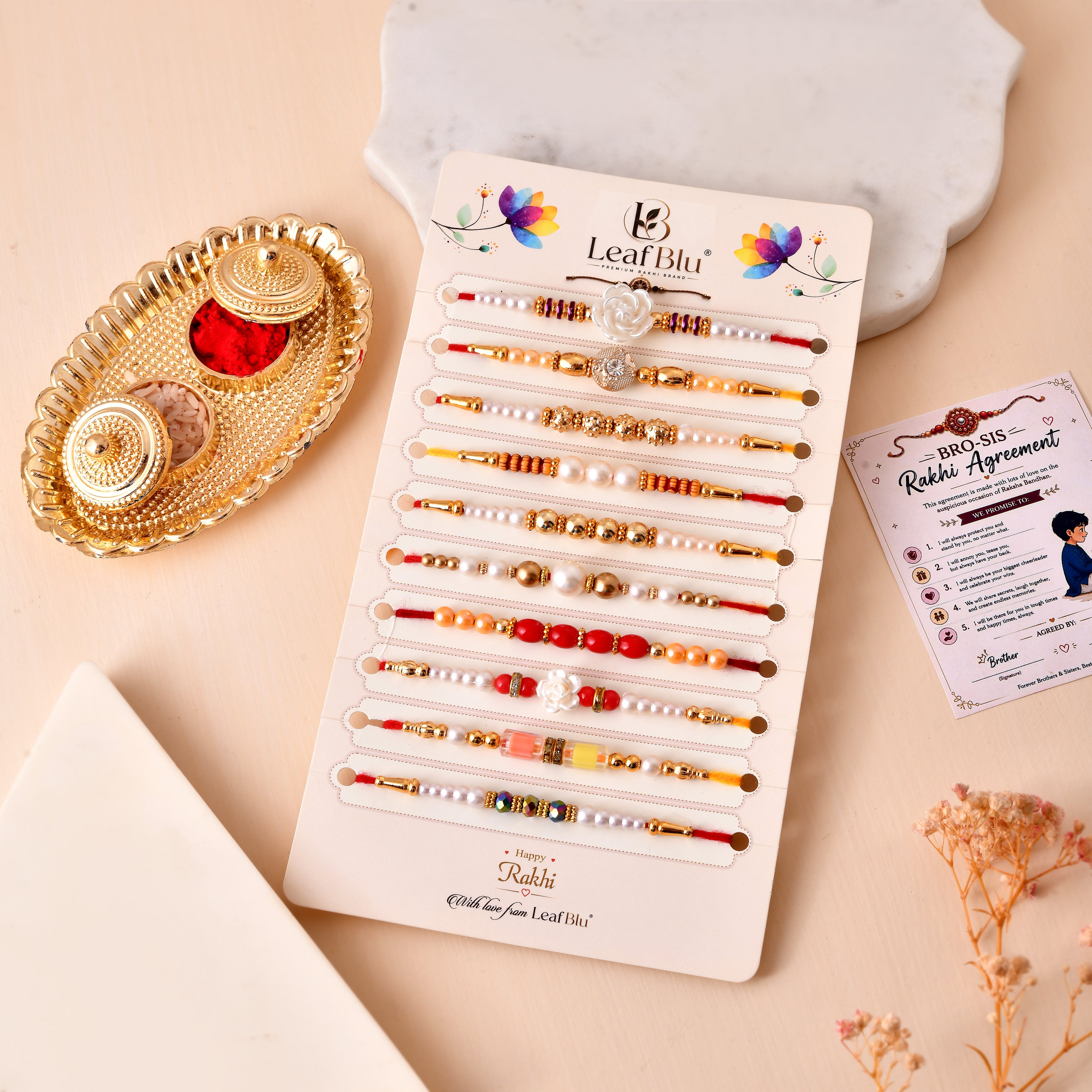 LeafBlu Traditional Designer Rakhi Combo Pack of 10 | Rakhi Agreement Card & Thali  Roli Chawal Included