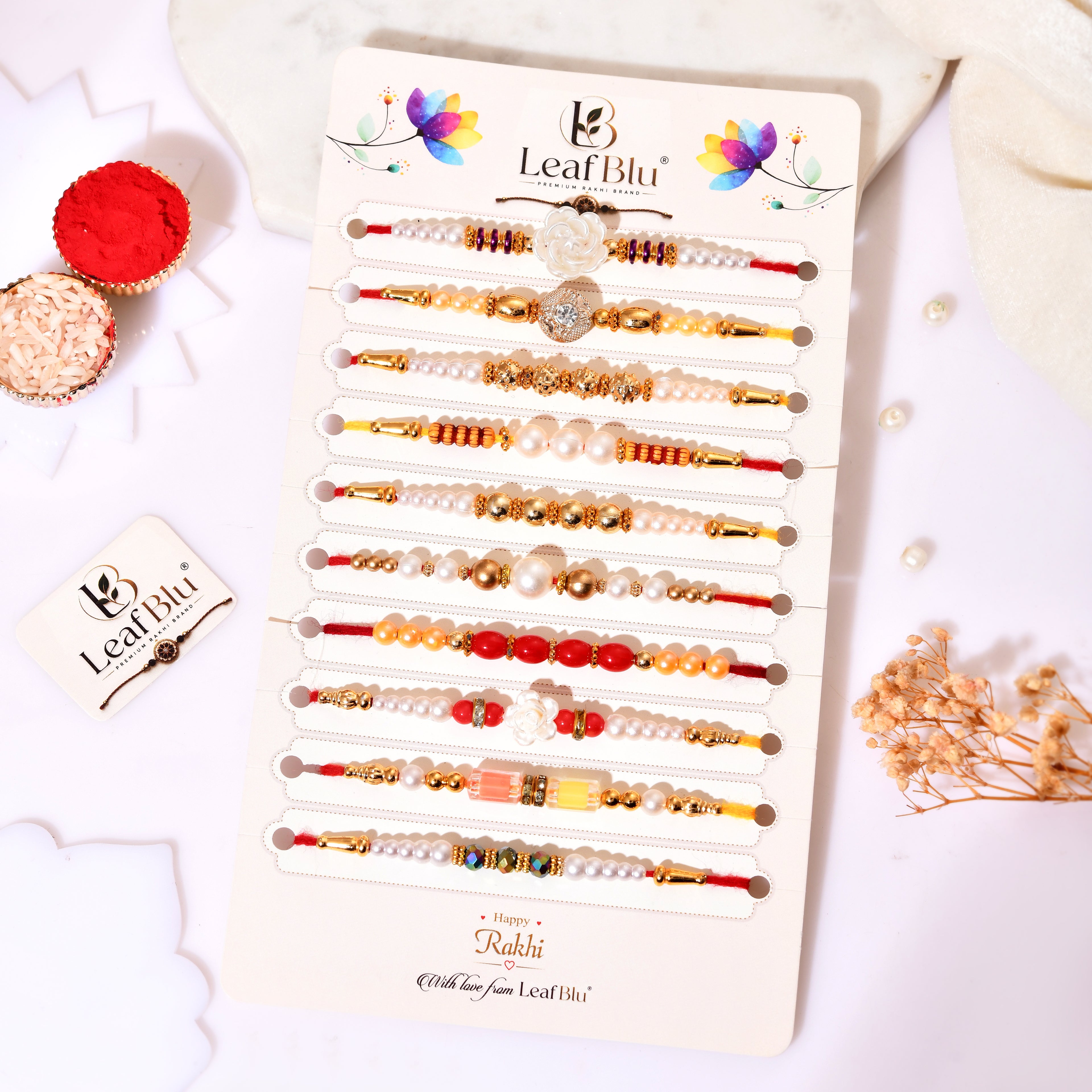 LeafBlu Traditional Designer Rakhi Combo Pack of 10 | Rakhi Agreement Card & Thali  Roli Chawal Included