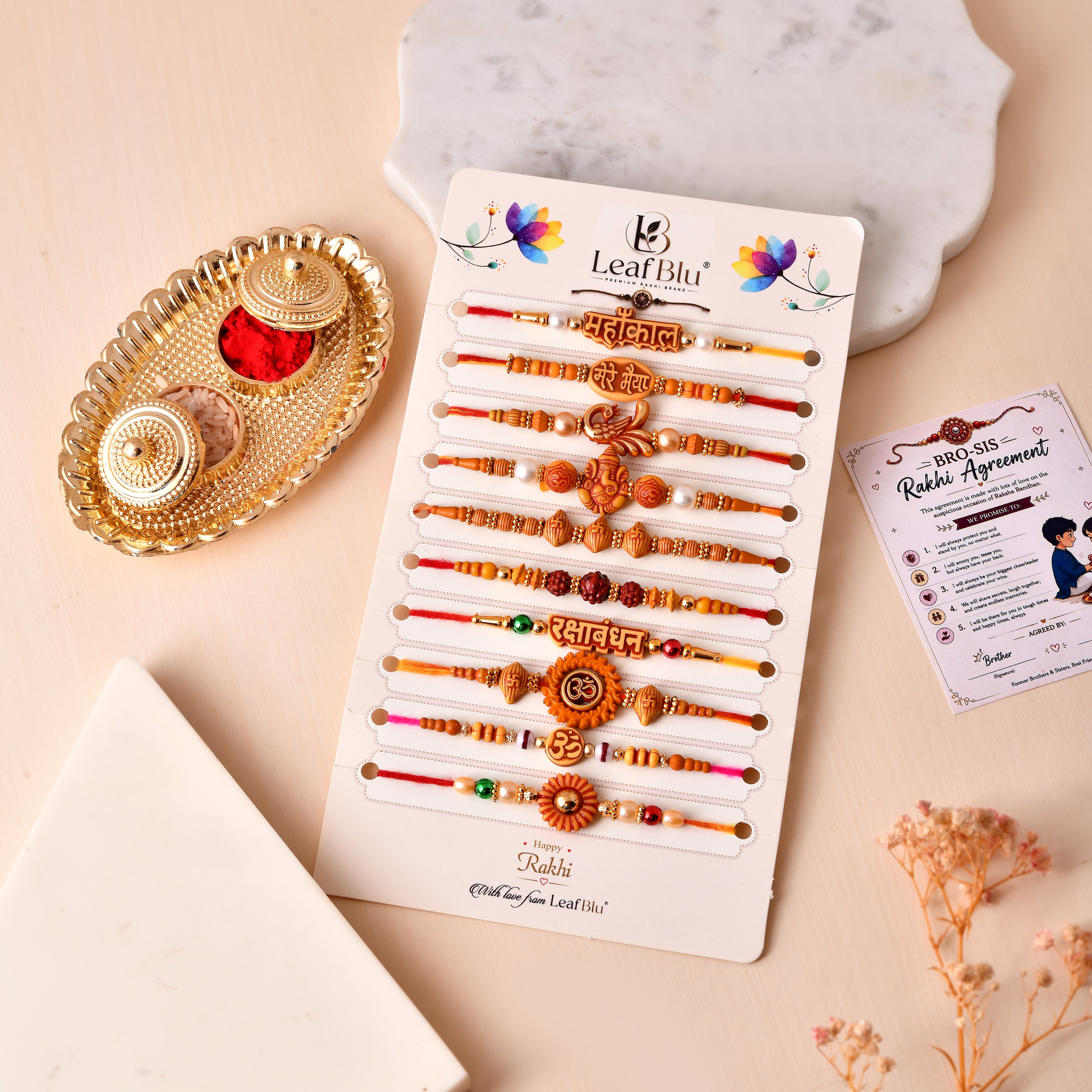 LeafBlu Traditional Designer Rakhi Combo Pack of 10 | Rakhi Agreement Card & Roli Chawal Included