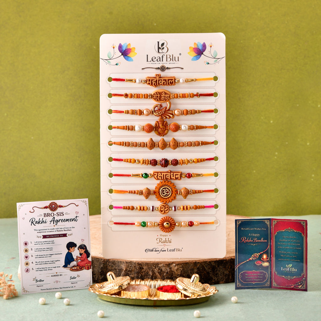 LeafBlu Traditional Designer Rakhi Combo Pack of 10 | Rakhi Agreement Card & Roli Chawal Included