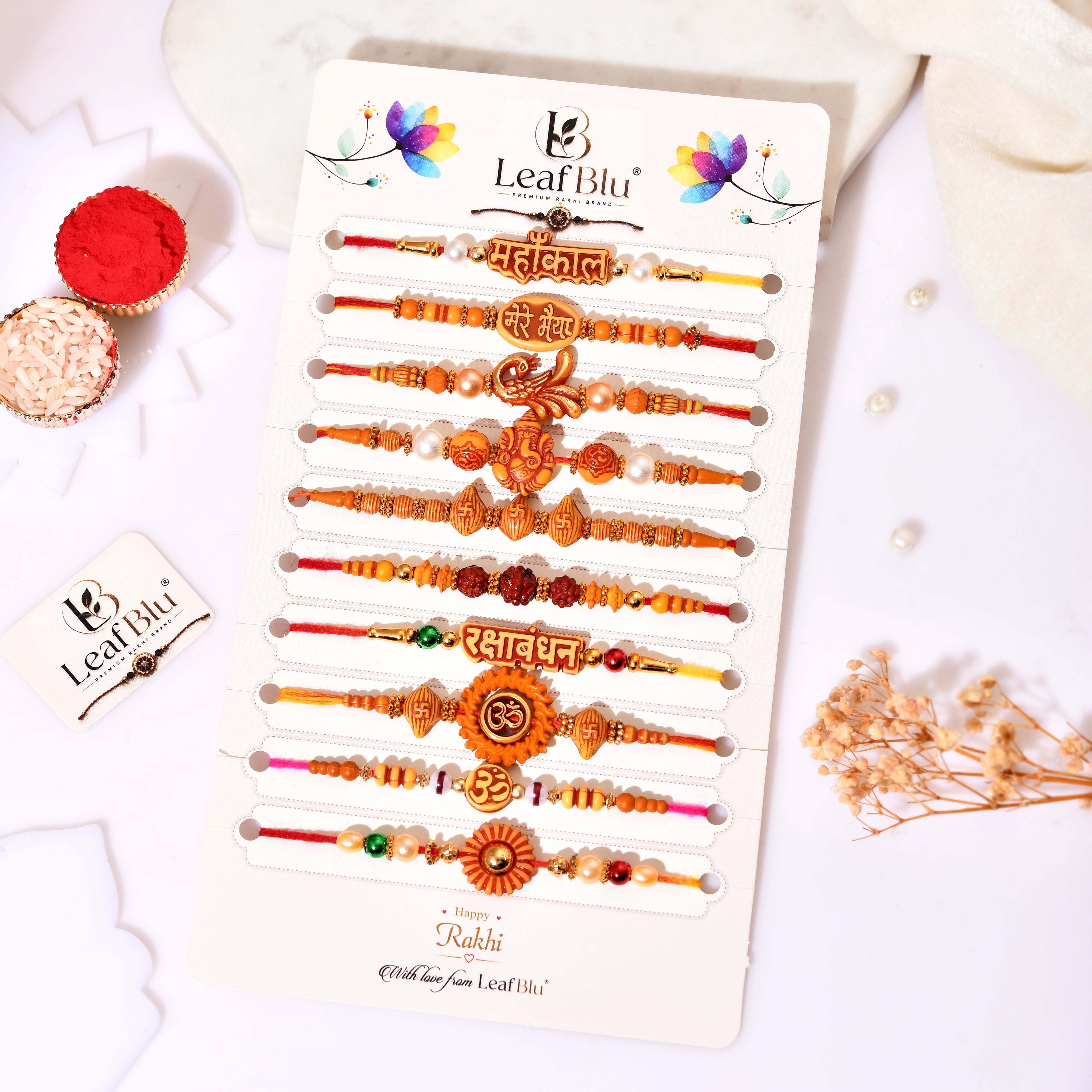 LeafBlu Traditional Designer Rakhi Combo Pack of 10 | Rakhi Agreement Card & Roli Chawal Included