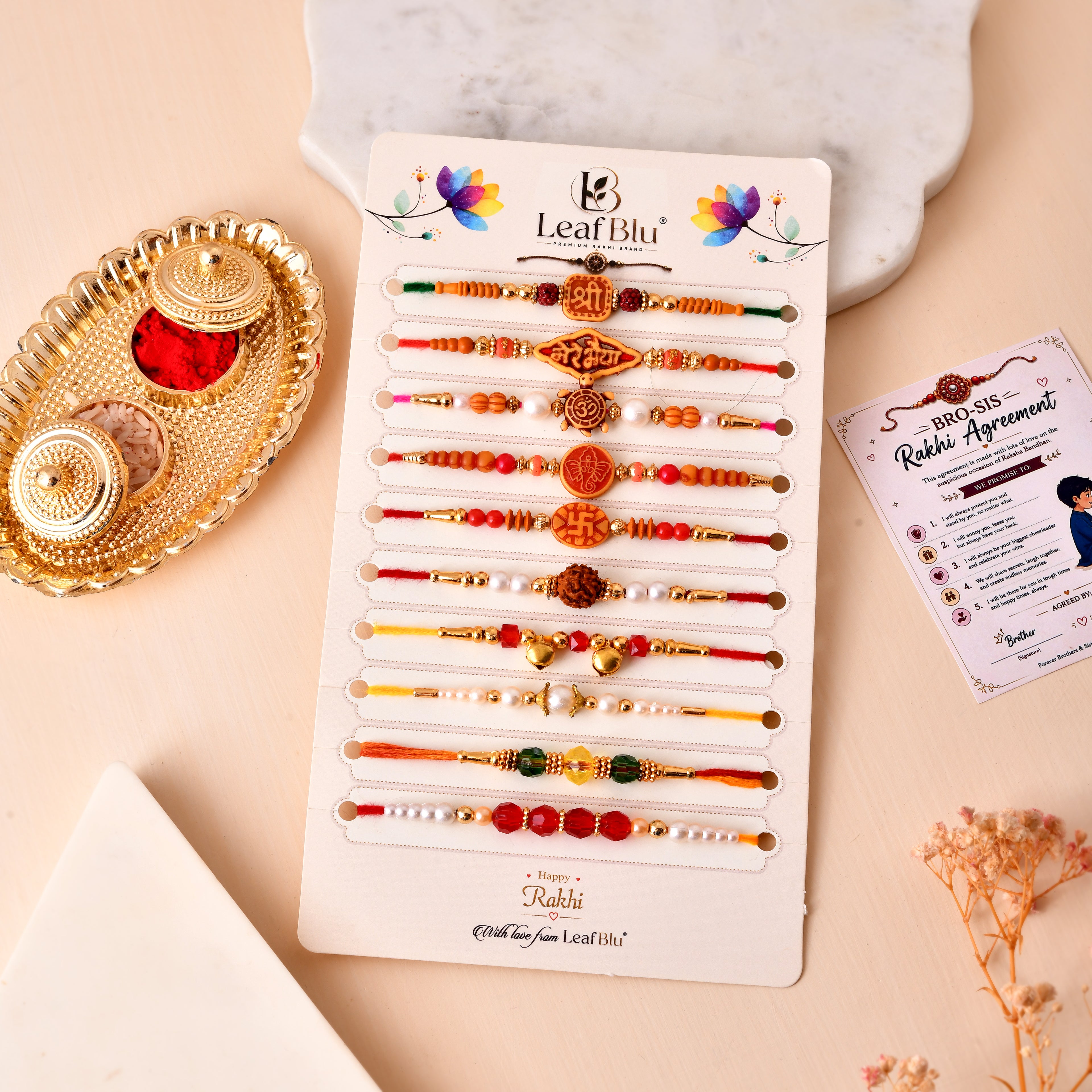 LeafBlu Traditional Spiritual Rakhi Set | Rudraksha, Om & Devotional Designer Rakhi Collection