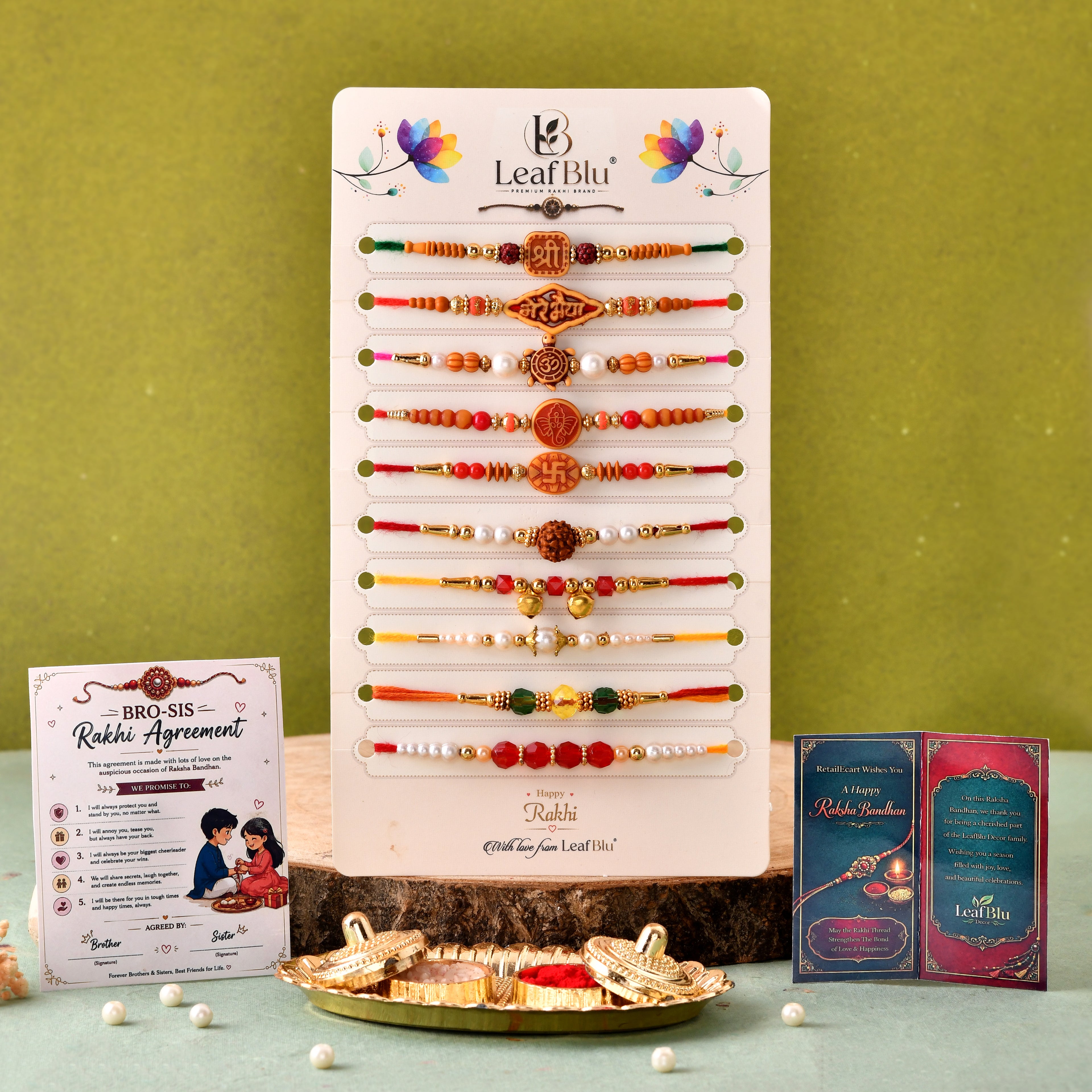 LeafBlu Traditional Spiritual Rakhi Set | Rudraksha, Om & Devotional Designer Rakhi Collection