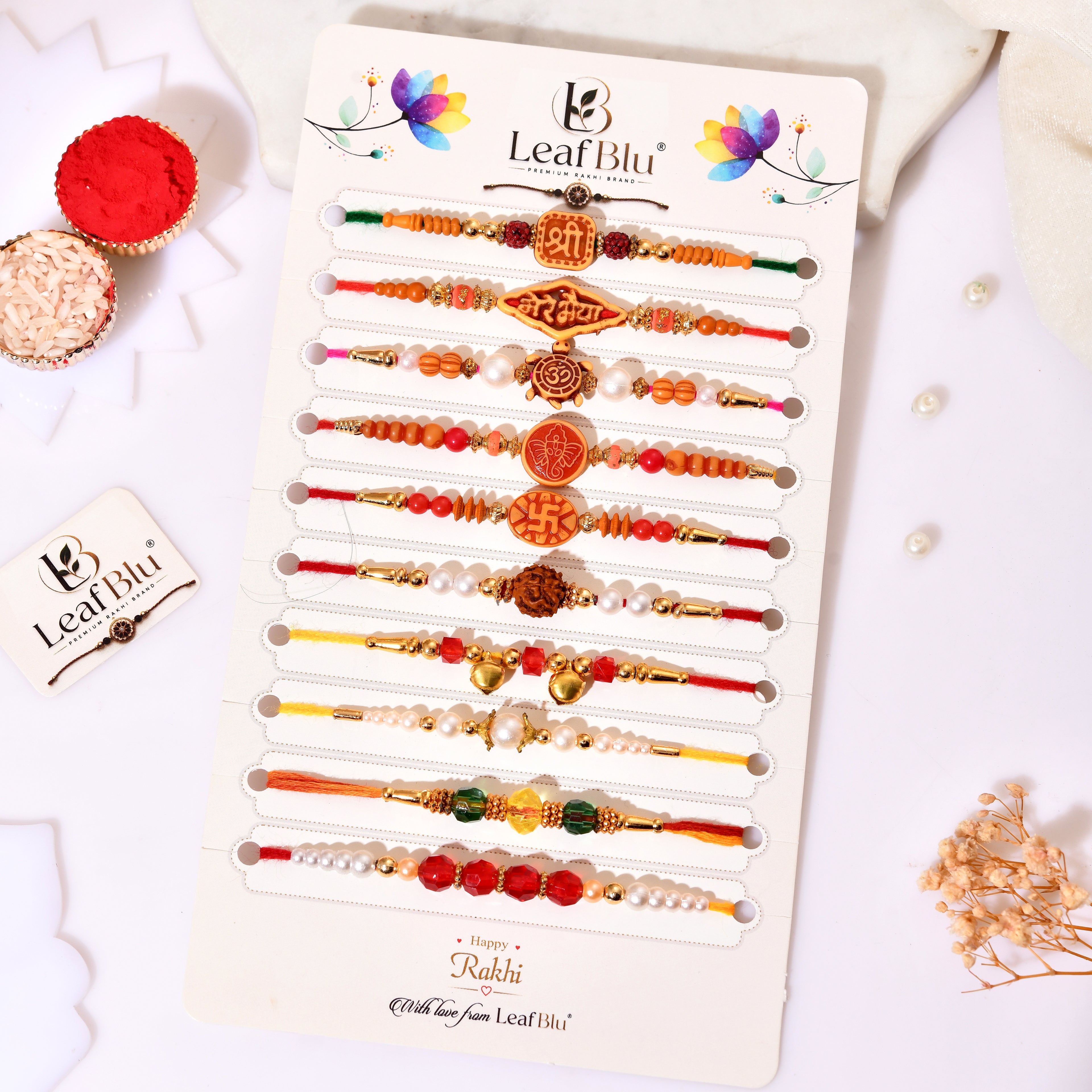 LeafBlu Traditional Spiritual Rakhi Set | Rudraksha, Om & Devotional Designer Rakhi Collection