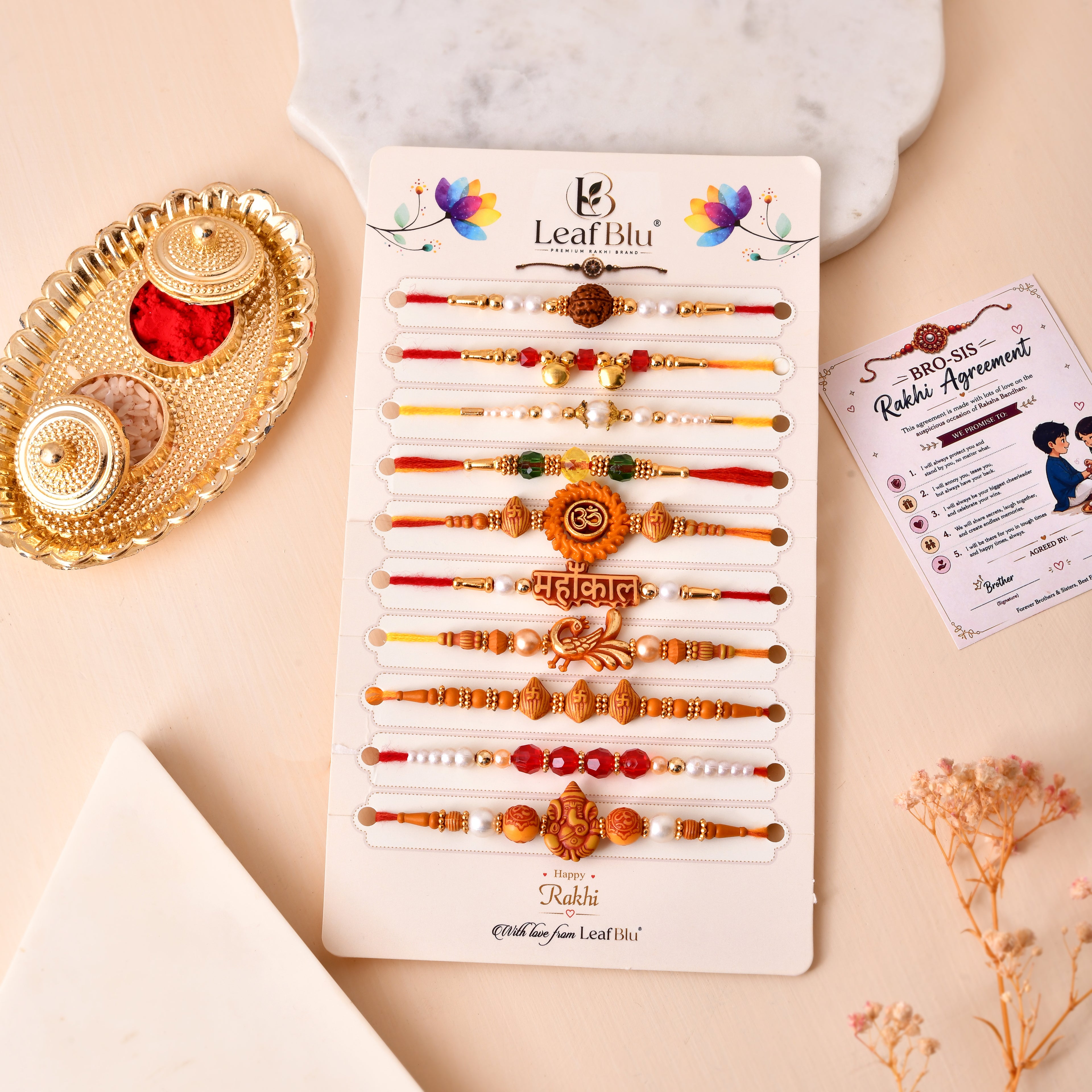 LeafBlu Premium Mahakal Rakhi Set of 10 with Rakhi Agreement Card, Greeting Card & Roli Chawal | Spiritual Rakhi Combo