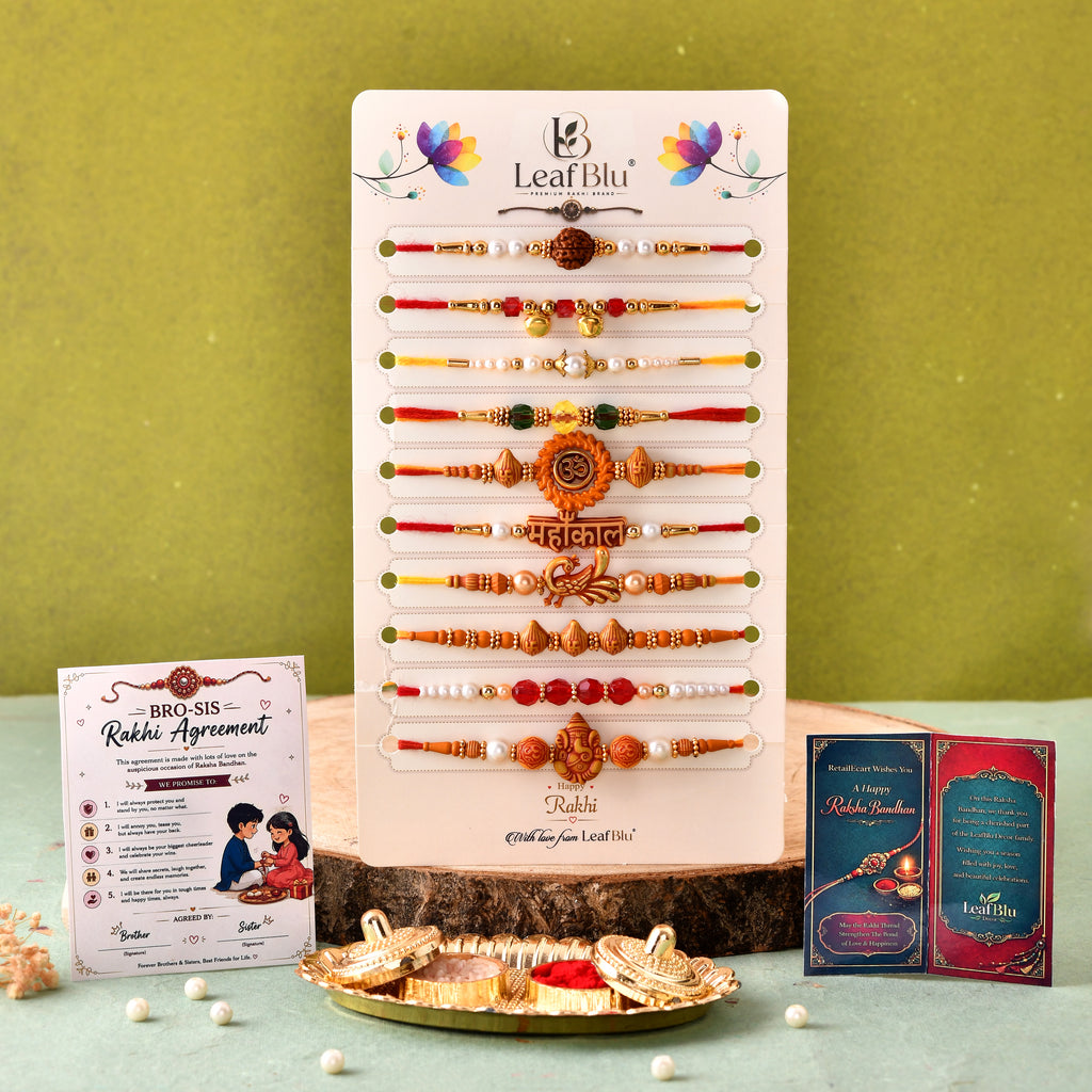 LeafBlu Premium Mahakal Rakhi Set of 10 with Rakhi Agreement Card, Greeting Card & Roli Chawal | Spiritual Rakhi Combo