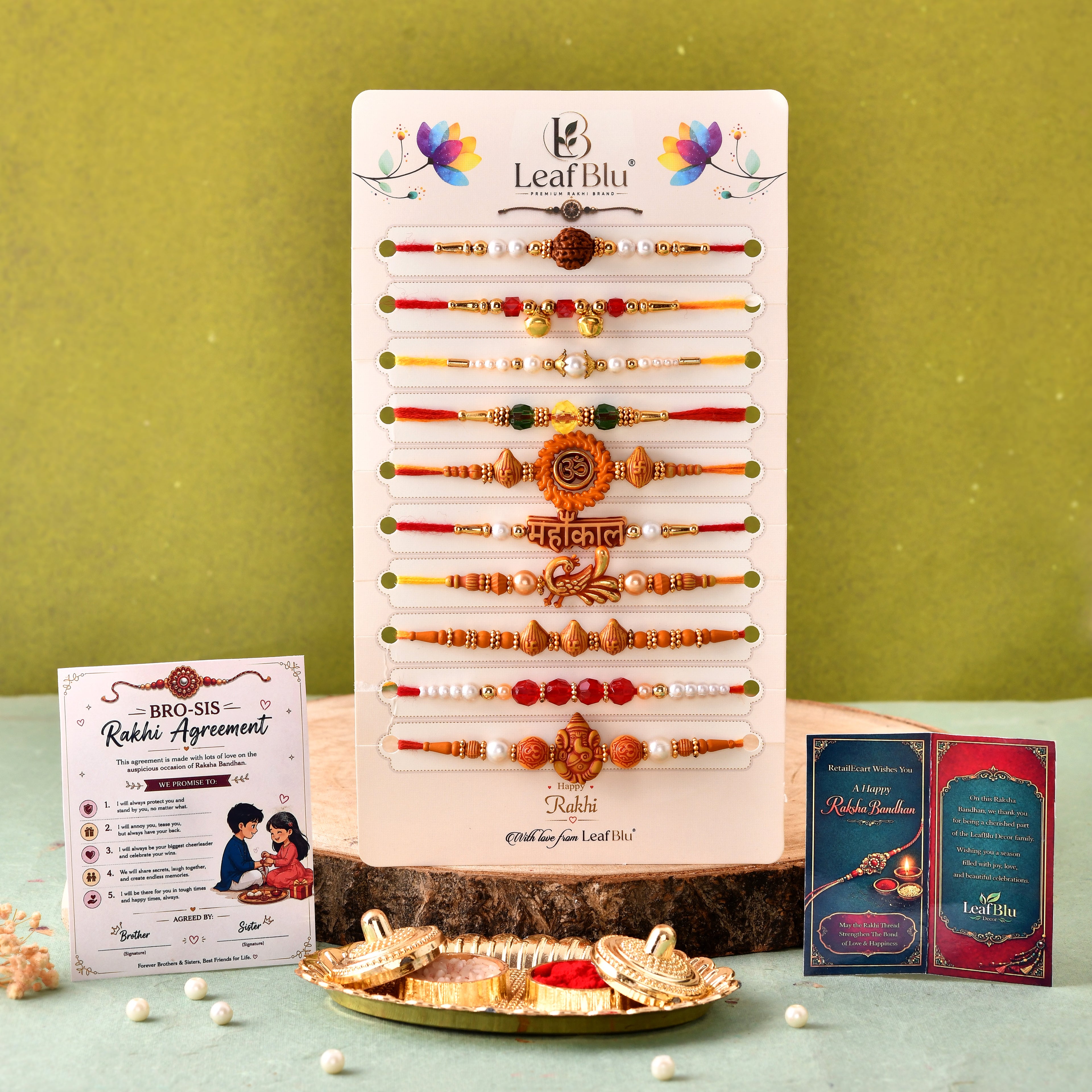 LeafBlu Premium Mahakal Rakhi Set of 10 with Rakhi Agreement Card, Greeting Card & Roli Chawal | Spiritual Rakhi Combo