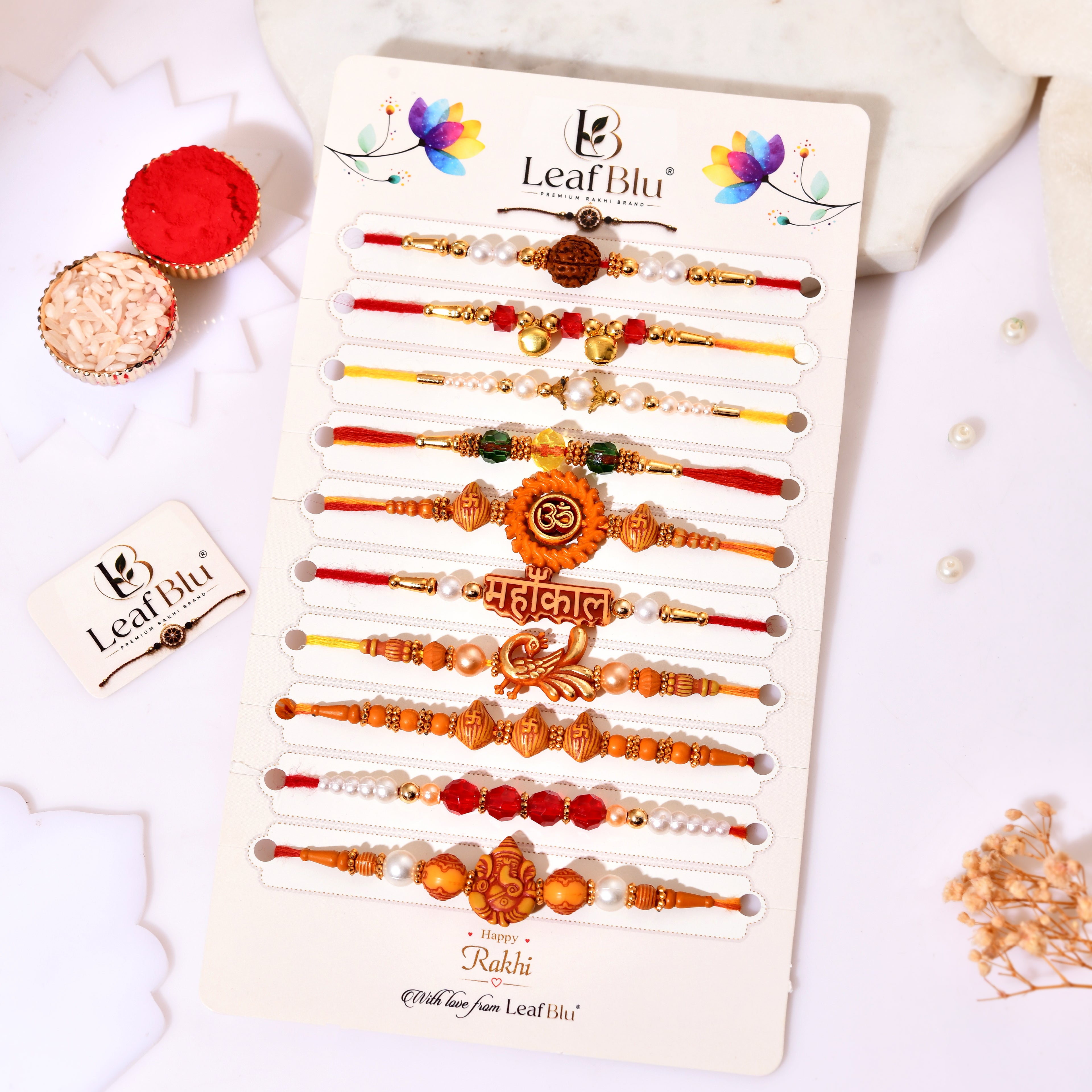 LeafBlu Premium Mahakal Rakhi Set of 10 with Rakhi Agreement Card, Greeting Card & Roli Chawal | Spiritual Rakhi Combo