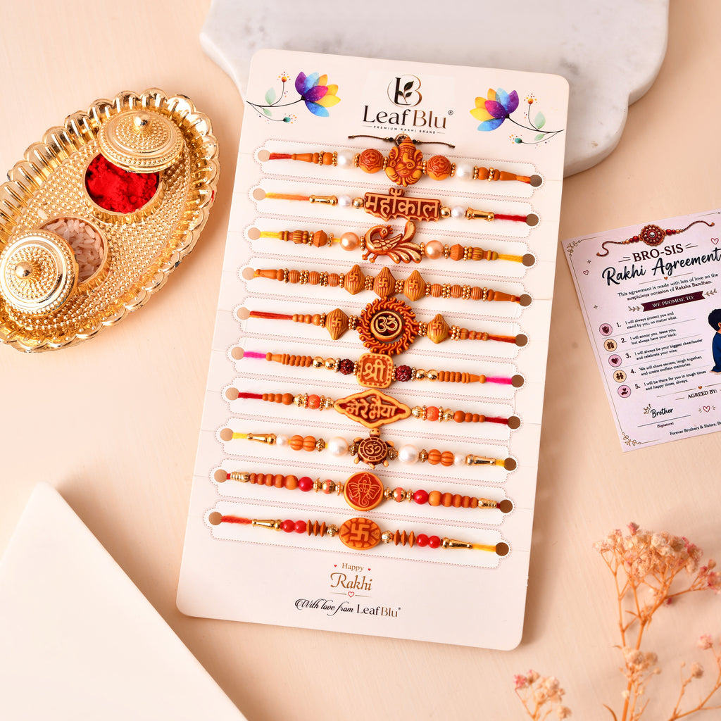 LeafBlu Handmade Mahakal Rakhi Gift Set of 10 | Premium Raksha Bandhan Collection