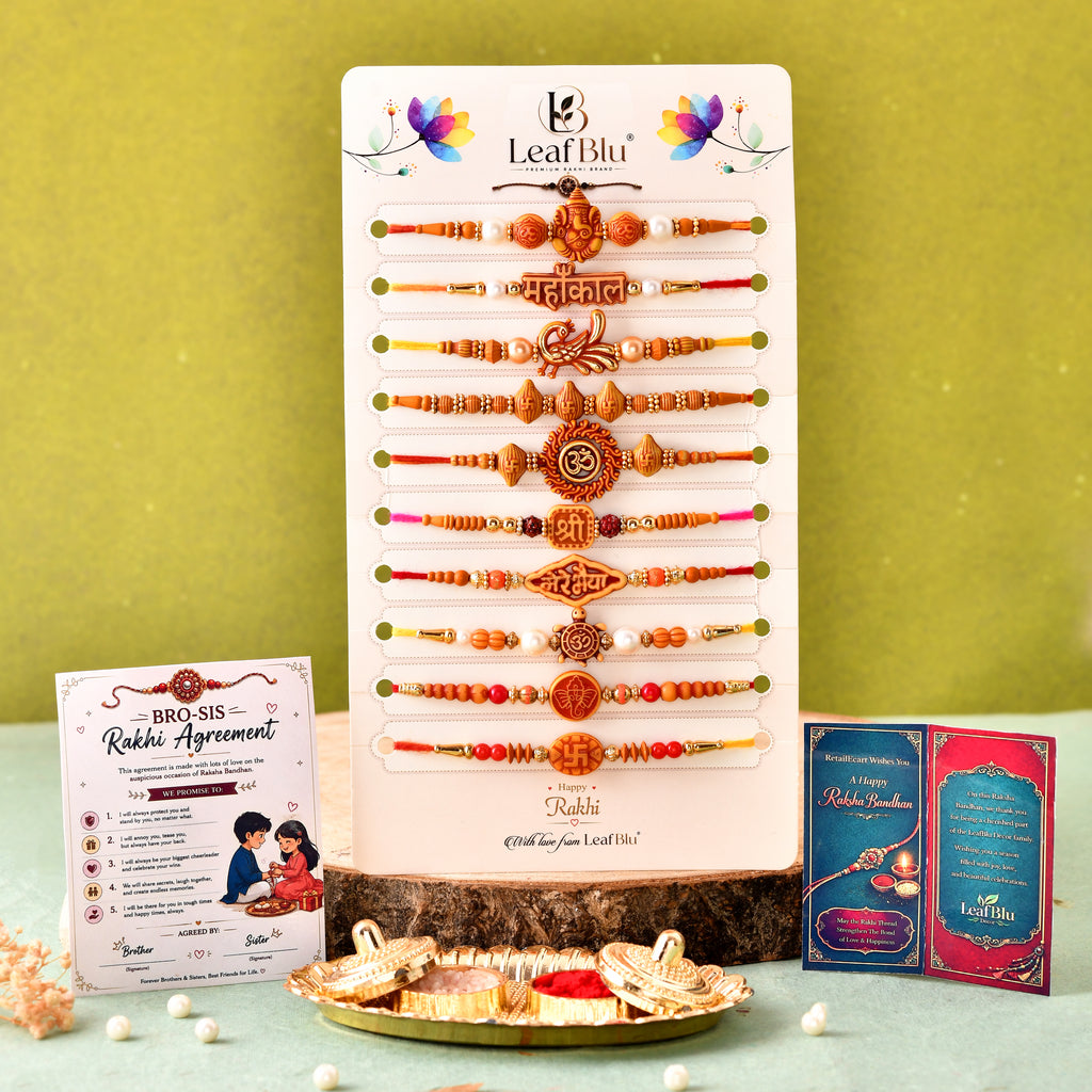 LeafBlu Handmade Mahakal Rakhi Gift Set of 10 | Premium Raksha Bandhan Collection