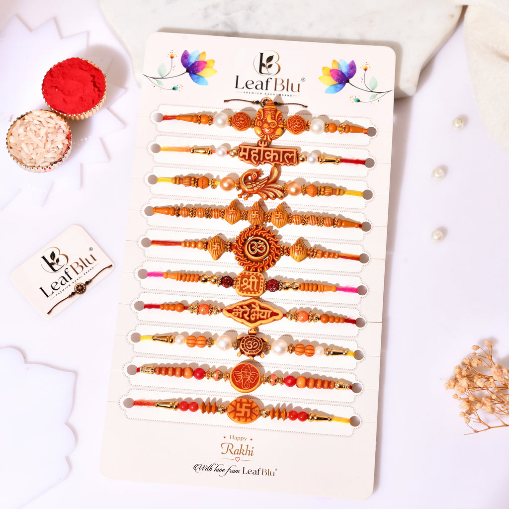 LeafBlu Handmade Mahakal Rakhi Gift Set of 10 | Premium Raksha Bandhan Collection
