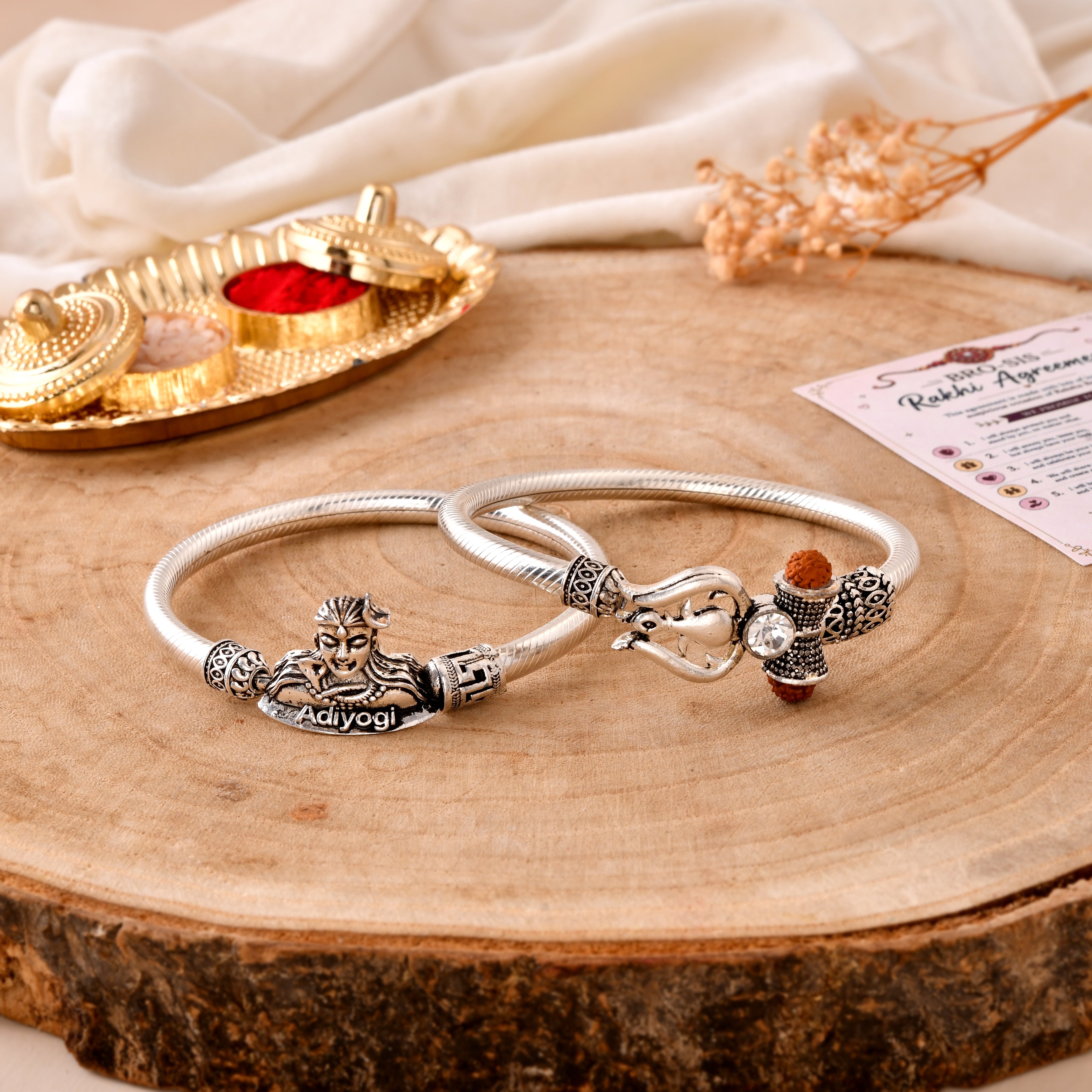 LeafBlu Premium Adiyogi & Shivling Couple Kada Bracelet Set for Men | Adjustable Silver Finish Spiritual Wrist Band