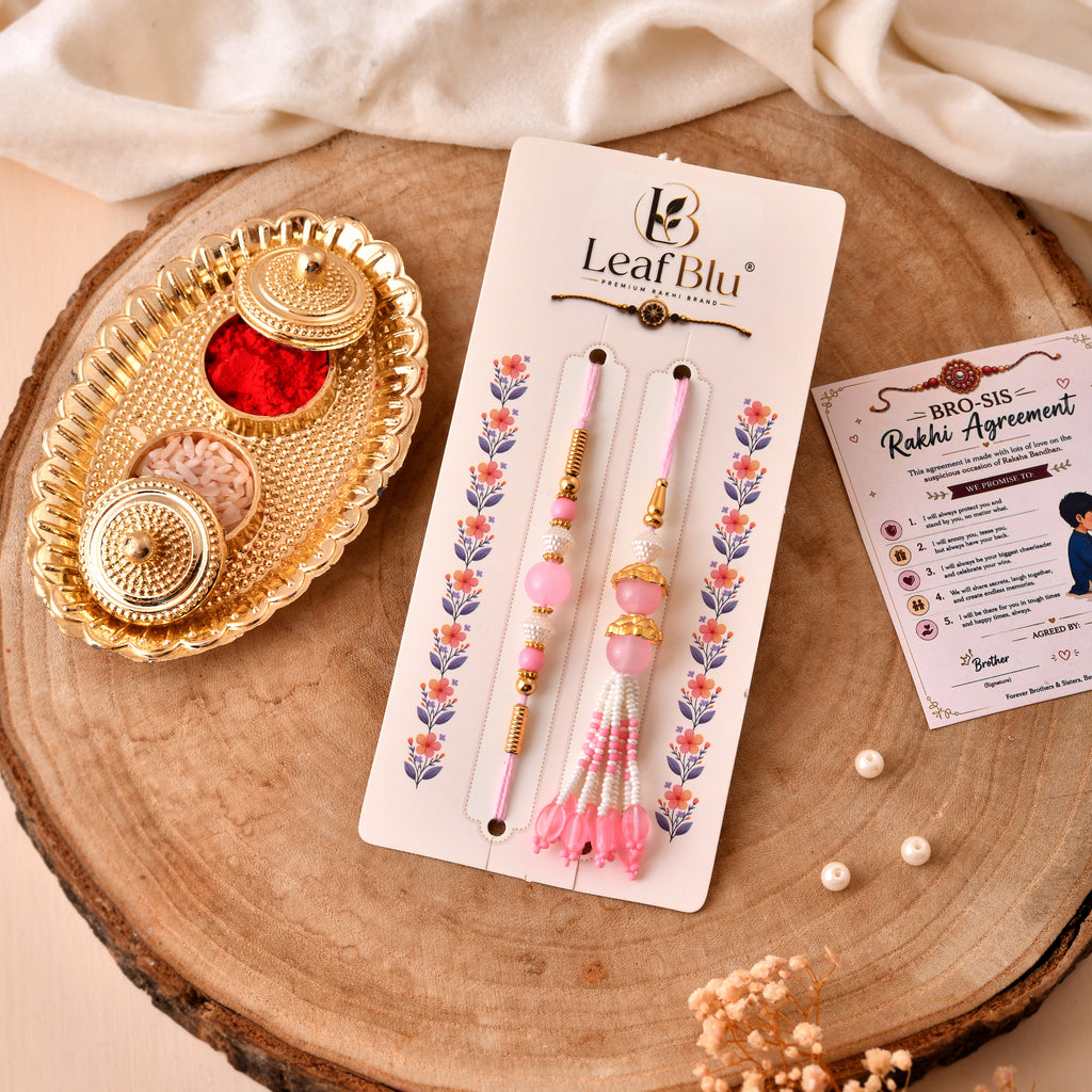 LeafBlu Premium Bhai Bhabhi Rakhi Set with Pink Designer Rakhi, Lumba Rakhi, Rakhi Agreement Card, Greeting Card & Roli Chawal | Raksha Bandhan Gift Combo