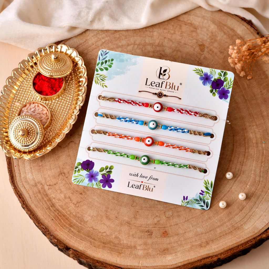 LeafBlu Premium Evil Eye Rakhi Set of 4 for Brother with Rakhi Agreement Card, Greeting Card & Roli Chawal | Handmade Nazar Protection Raksha Bandhan Gift Pack