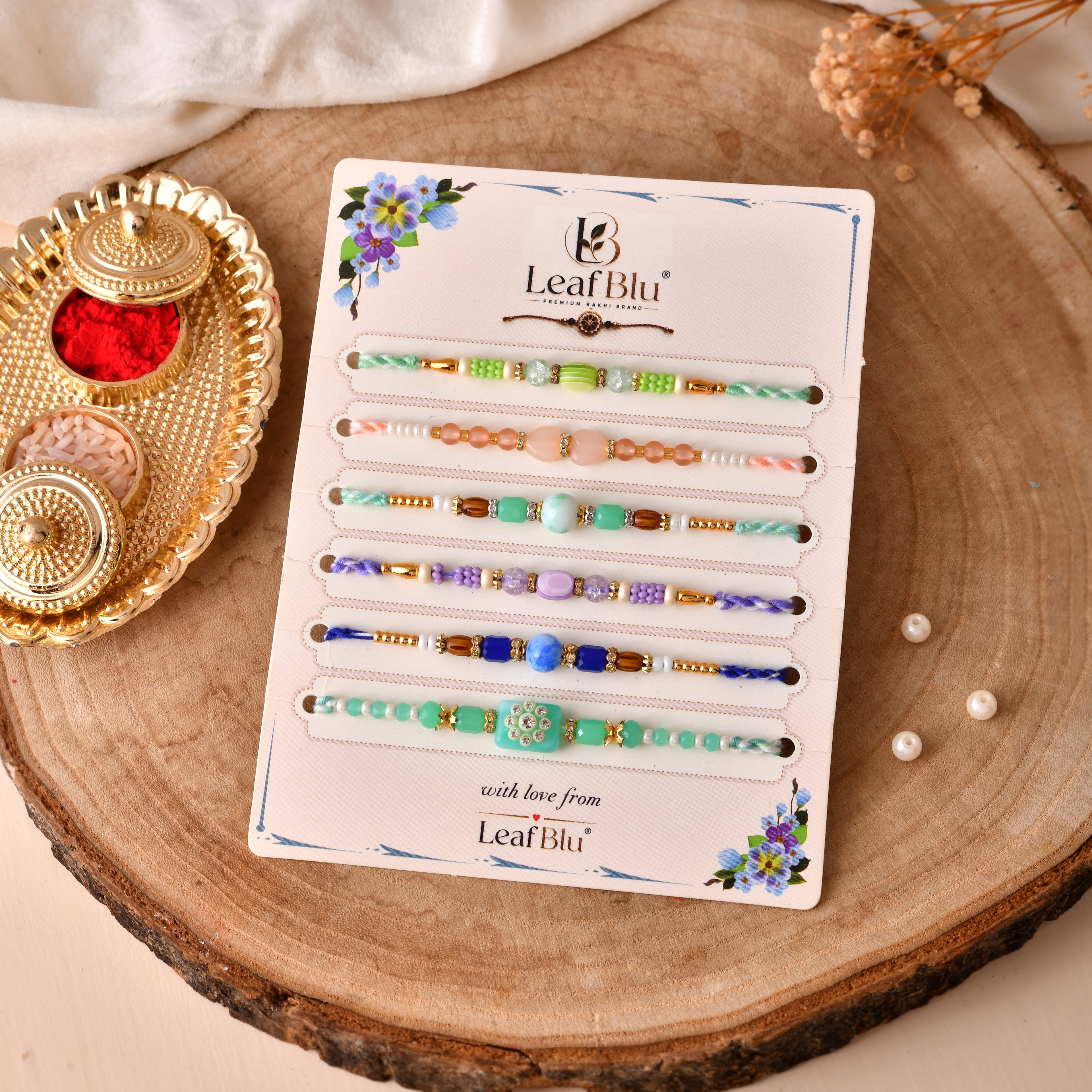 Premium Designer Rakhi Set of 6 | Multicolor Beaded Brother Rakhi with Greeting Card & Thali Roli Chawal